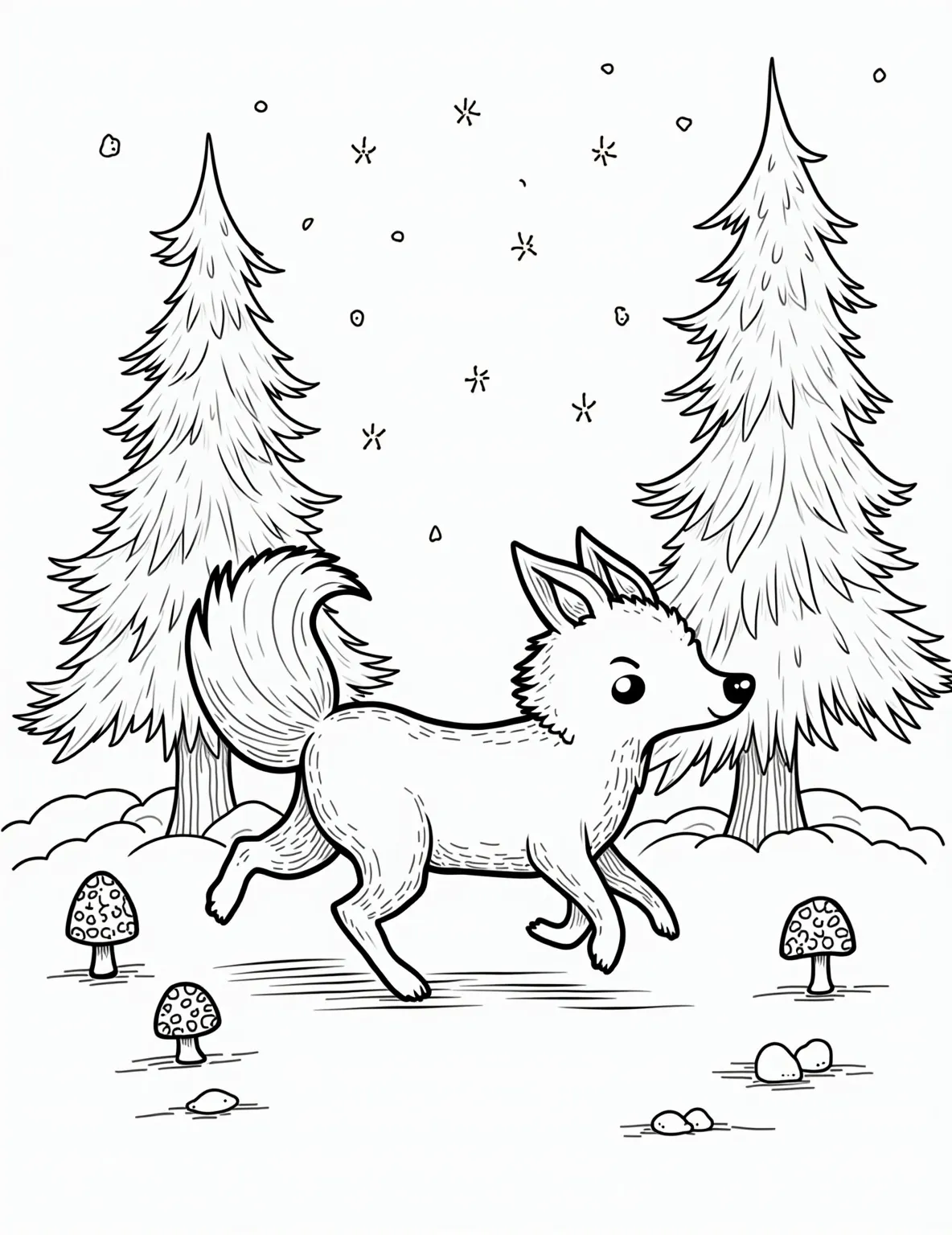 Majestic Red Fox in Winter Wonderland -- prompt: "black lines only Playful red fox with exaggerated fluffy tail, standing alert in snowy forest. Stylized pine trees with bold outlines. Large snowflakes falling. Simple, clean lines perfect for coloring. Hidden forest creatures peeking from behind trees. Cheerful winter scene ready for creative coloring. flat black lines, premium coloring page, coloring sheet, line drawing, Coloring Book, NO COLOR, NO SHADING, WHITE BACKGROUND. NO GRAY, BLACK AND WHITE, NO COLOR" -- Showcase the beauty of a red fox against a snowy backdrop in this stunning coloring page. The fox stands alert, its fluffy tail curled around its body, as snowflakes gently fall around it. Pine trees in the background complete this serene winter scene.