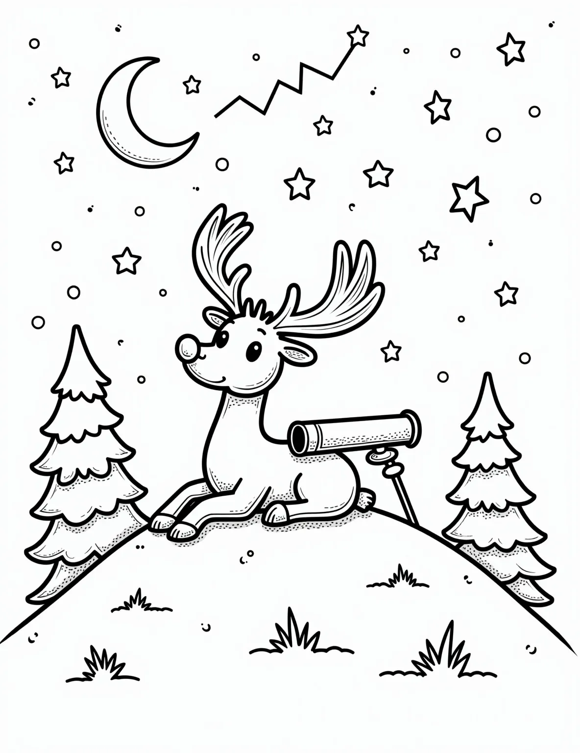 Rudolph's Stargazing Adventure -- prompt: "black lines only Rudolph reclines on grassy hilltop, telescope beside him. Starry sky above filled with bold, outlined constellations. Simple, thick-lined drawing style perfect for coloring. Rudolph's red nose stands out. Trees frame scene. Moon peeks from corner. Shooting star streaks across sky. flat black lines, premium coloring page, coloring sheet, line drawing, Coloring Book, NO COLOR, NO SHADING, WHITE BACKGROUND. NO GRAY, BLACK AND WHITE, NO COLOR" -- This serene coloring page captures a quiet moment of wonder. It shows Rudolph lying on his back on a hilltop, gazing up at a sky full of constellations. A telescope nearby suggests he's been studying the stars, adding an educational touch to this peaceful nighttime scene.