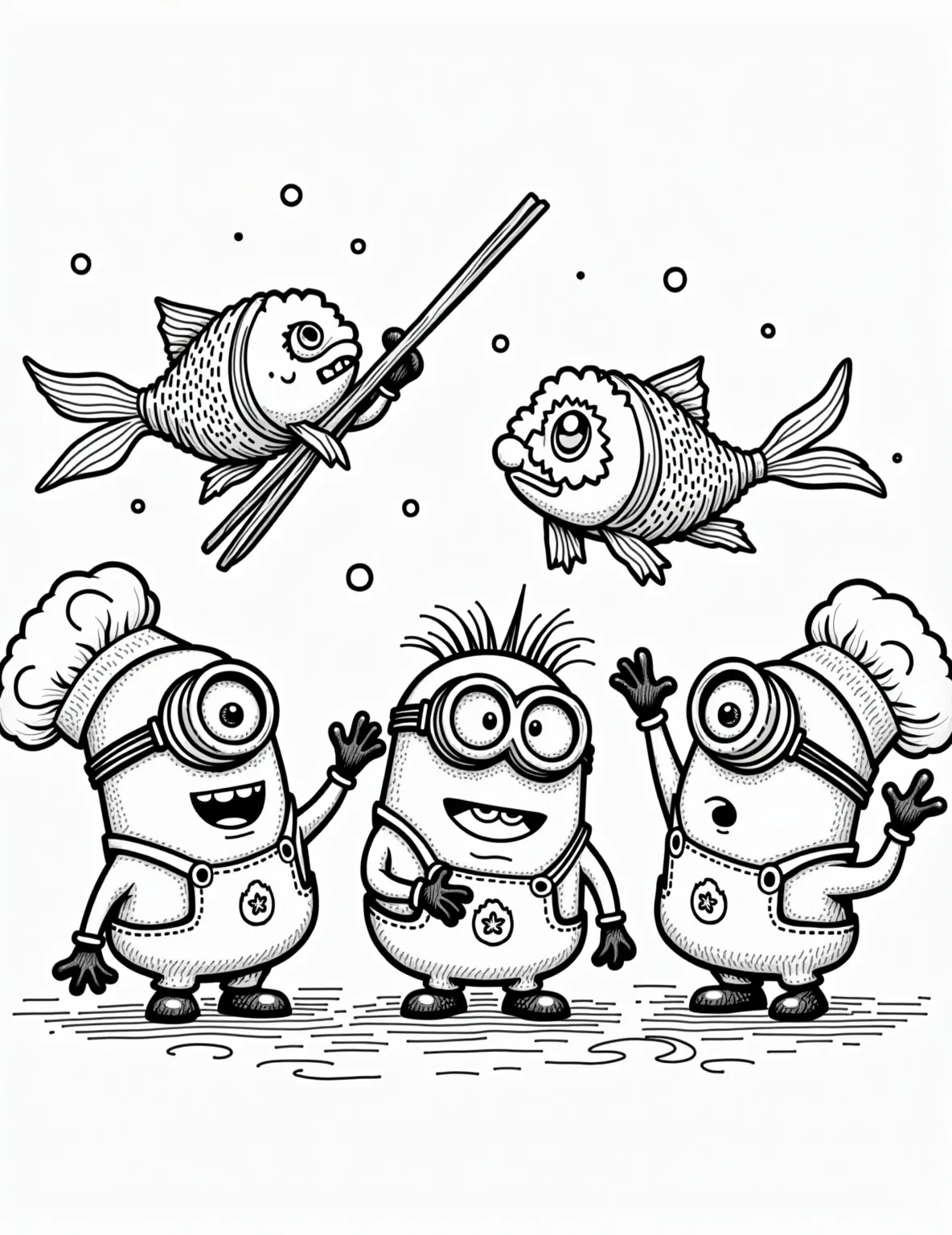 Minion Sushi Chef Challenge -- prompt: "black lines only Adorable Minions in chef hats, outlined in bold black lines, frantically juggle oversized sushi rolls. Flying fish with exaggerated expressions soar across the page. Comically large chopsticks create a chaotic frame. Simple shapes and patterns fill empty spaces, perfect for coloring. Japanese restaurant elements scatter flat black lines, premium coloring page, coloring sheet, line drawing, Coloring Book, NO COLOR, NO SHADING, WHITE BACKGROUND. NO GRAY, BLACK AND WHITE, NO COLOR" -- Dive into a world of culinary chaos with this sushi-themed Minion coloring page. Our yellow friends are attempting to master the art of sushi-making, with hilarious results involving flying fish and oversized chopsticks. This intricate scene is ideal for food-loving adults who enjoy detailed coloring projects.