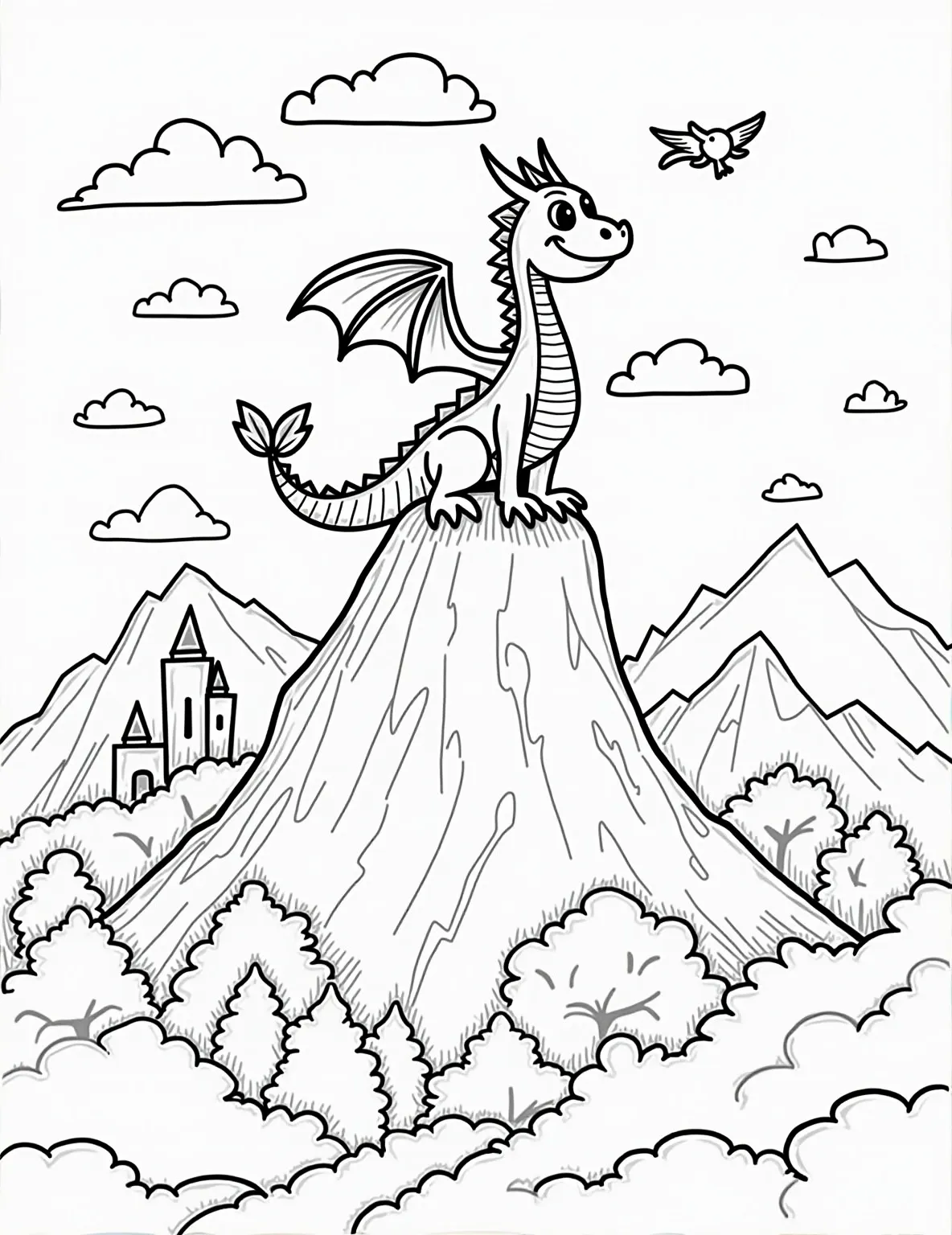 Majestic Mountain Dragon -- prompt: "black lines only Playful dragon perched on mountaintop, scales outlined in bold black. Valleys and forests below, simplified into curvy shapes. Fluffy clouds, stylized sun. Empty spaces await colorful creativity. Whimsical details like tiny castles and flying birds. Perfect for flat black lines, premium coloring page, coloring sheet, line drawing, Coloring Book, NO COLOR, NO SHADING, WHITE BACKGROUND. NO GRAY, BLACK AND WHITE, NO COLOR" -- This awe-inspiring coloring page features a magnificent dragon perched atop a towering mountain peak, surveying its vast domain. The dragon's powerful pose and intricate scales contrast beautifully with the rugged mountain landscape and distant valleys. This scene is perfect for advanced colorists who enjoy creating dramatic natural settings and mythical creatures.