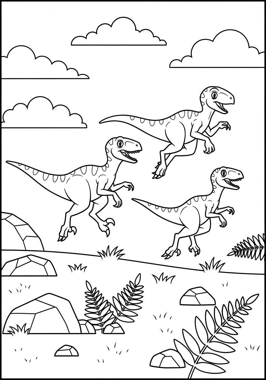 Speedy Velociraptor Pack Hunt Coloring Page -- prompt: "black lines only Fun coloring book page featuring playful Velociraptor pack with bold outlines, simple shapes, and clear boundaries. Dinosaurs positioned across rolling prehistoric grassland with scattered rocks, ancient ferns, and puffy clouds above, perfect for children's crayons and markers. flat black lines, premium coloring page, coloring sheet, line drawing, Coloring Book, NO COLOR, NO SHADING, WHITE BACKGROUND. NO GRAY, BLACK AND WHITE, NO COLOR" -- Experience the thrill of the hunt with this action-packed coloring page featuring a group of intelligent Velociraptors working together. These cunning predators are shown in their natural pack behavior, demonstrating their speed and coordination. This page is perfect for dinosaur fans who love adventure and want to explore the strategic hunting methods of these clever dinosaurs.