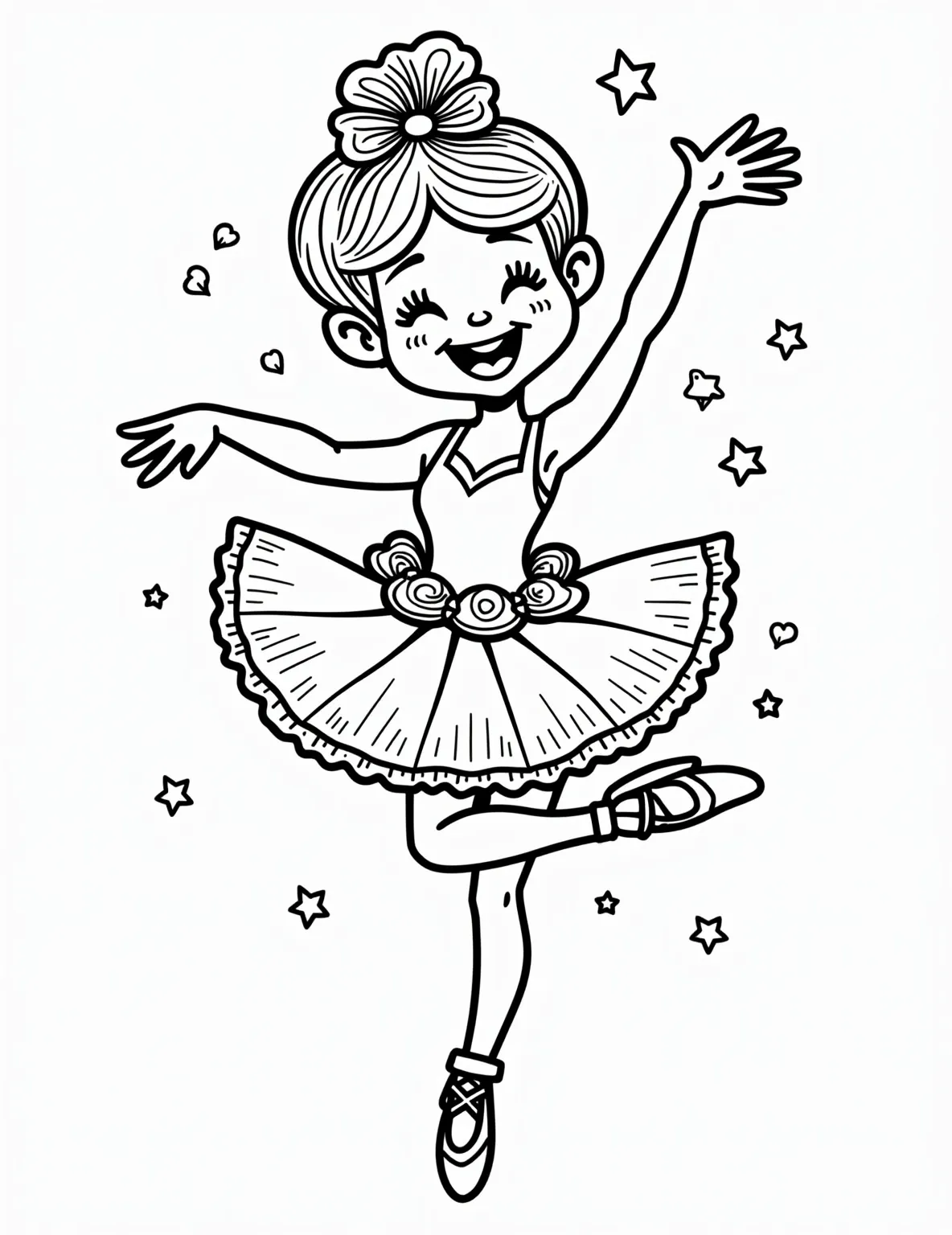 Ballerina Girl's Graceful Pose -- prompt: "black lines only Graceful ballerina in arabesque pose, simplified outlines for coloring. Tutu, pointe shoes, and ribbons form bold, chunky shapes. Background features geometric patterns of stars and swirls. Large, clear spaces for easy coloring. Joyful expression on dancer's face. Child-friendly design with thick flat black lines, premium coloring page, coloring sheet, line drawing, Coloring Book, NO COLOR, NO SHADING, WHITE BACKGROUND. NO GRAY, BLACK AND WHITE, NO COLOR" -- Capture the elegance of dance with this beautiful ballerina girl coloring page. The young dancer is shown in a perfect arabesque position, her tutu and pointe shoes detailed for an engaging coloring experience. Swirling ribbons in the background add a touch of movement to the scene.