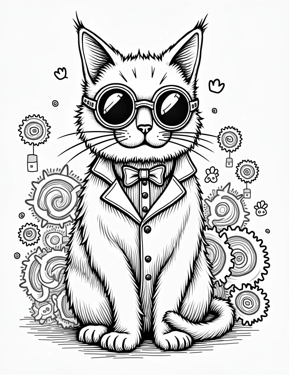 Steampunk Cat Inventor Coloring Page -- prompt: "black lines only Playful line-art cat sporting oversized goggles and dapper waistcoat, surrounded by bold, simplified steampunk gears. Thick outlines define whimsical inventions, creating a fun, retro-futuristic scene. Empty spaces invite colorful imagination. Clockwork whiskers and gear-shaped paw prints add charming details. flat black lines, premium coloring page, coloring sheet, line drawing, Coloring Book, NO COLOR, NO SHADING, WHITE BACKGROUND. NO GRAY, BLACK AND WHITE, NO COLOR" -- Step into a world of imagination with this unique steampunk-inspired cat design. The page features a cat dressed as an inventor, surrounded by gears, gadgets, and fantastical steam-powered inventions. It's perfect for those seeking detailed, creative cat coloring pages for adults with a twist of fantasy.