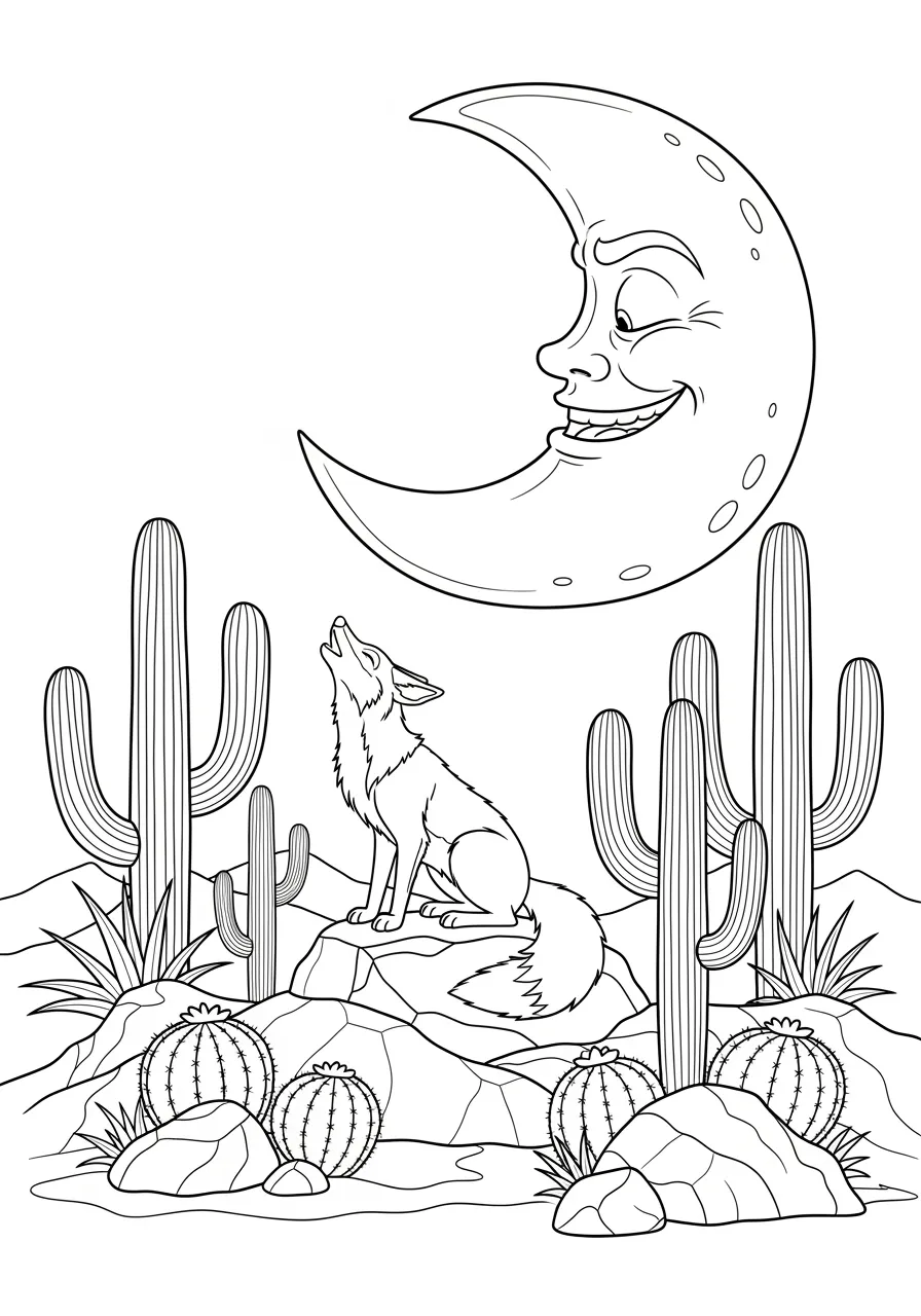 Desert Coyote Howling Moon Coloring Page -- prompt: "black lines only Fun coloring book style illustration of a cheerful coyote sitting on a desert hill, head tilted up howling at a large smiling crescent moon, surrounded by tall saguaro cacti, barrel cacti, and smooth rounded boulders, simple bold outlines perfect for coloring flat black lines, premium coloring page, coloring sheet, line drawing, Coloring Book, NO COLOR, NO SHADING, WHITE BACKGROUND. NO GRAY, BLACK AND WHITE, NO COLOR" -- This atmospheric scene captures a coyote howling at the moon in a desert landscape with cacti. The detailed desert backdrop and the coyote's expressive pose create an engaging Wild West themed coloring page. It's great for exploring desert ecosystems and nocturnal animal behaviors.