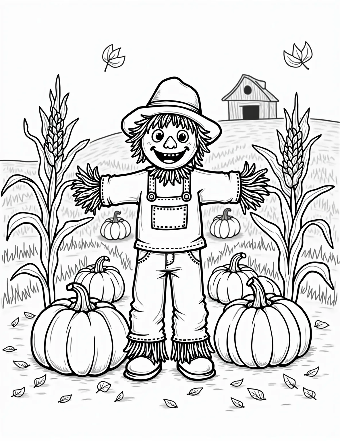 Autumn Scarecrow Coloring Page -- prompt: "black lines only Cheerful scarecrow with button eyes and stitched smile in pumpkin-filled patch. Thick-lined cornstalks and swirling fall leaves frame scene. Red barn silhouette on horizon. Bold, simple shapes perfect for coloring. Joyful autumn atmosphere invites creative expression. flat black lines, premium coloring page, coloring sheet, line drawing, Coloring Book, NO COLOR, NO SHADING, WHITE BACKGROUND. NO GRAY, BLACK AND WHITE, NO COLOR" -- Welcome fall with this charming scarecrow scene. The coloring page features a friendly scarecrow surrounded by pumpkins, corn stalks, and fall leaves. This page allows for creative color choices and can lead to conversations about farm life and harvest time traditions.