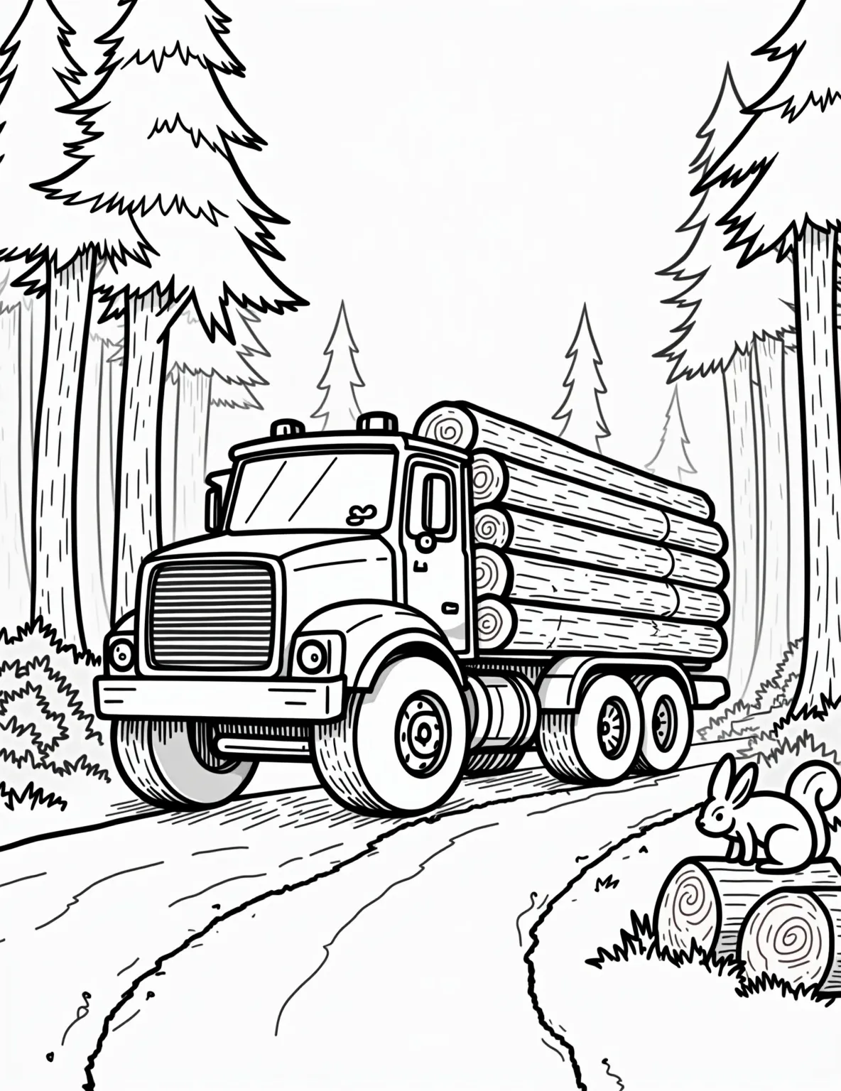 Logging Truck in the Forest -- prompt: "black lines only Chunky outline of a massive logging truck, cartoon-style trees flanking the road. Oversized logs stacked high, exaggerated tree rings visible. Playful forest creatures peek from behind trunks. Simple shapes, bold lines perfect for coloring. Whimsical scene captures forestry adventure, inviting creative expression. flat black lines, premium coloring page, coloring sheet, line drawing, Coloring Book, NO COLOR, NO SHADING, WHITE BACKGROUND. NO GRAY, BLACK AND WHITE, NO COLOR" -- Venture into the woods with this Logging Truck in the Forest coloring page! This powerful vehicle is shown carrying a load of logs through a dense forest setting. It's an excellent choice for those interested in forestry and the timber industry.