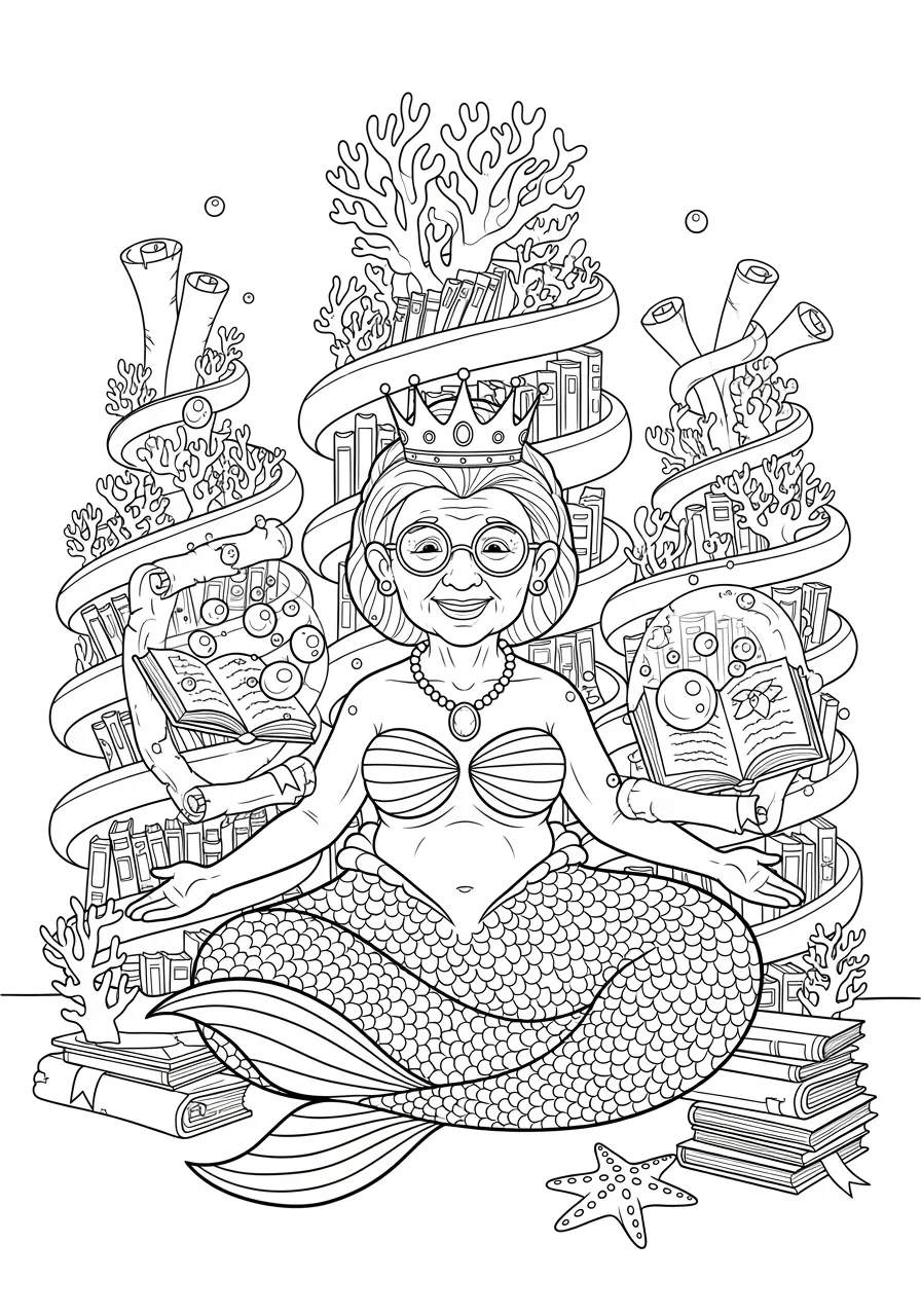 Wise Mermaid's Ancient Library Coloring Page -- prompt: "black lines only Cheerful elderly mermaid with flowing hair sits cross-legged reading ancient scrolls, surrounded by towering coral bookshelves filled with rolled parchments, shimmering magical bubble barriers protecting books, bold outlines, simple shapes, coloring book style flat black lines, premium coloring page, coloring sheet, line drawing, Coloring Book, NO COLOR, NO SHADING, WHITE BACKGROUND. NO GRAY, BLACK AND WHITE, NO COLOR" -- In this unique underwater scene, an elderly mermaid reads from ancient scrolls in her vast sea library carved from coral. Shelves of scrolls and books protected by magical bubble shields create an educational fantasy setting. The detailed architectural elements provide hours of intricate coloring enjoyment.
