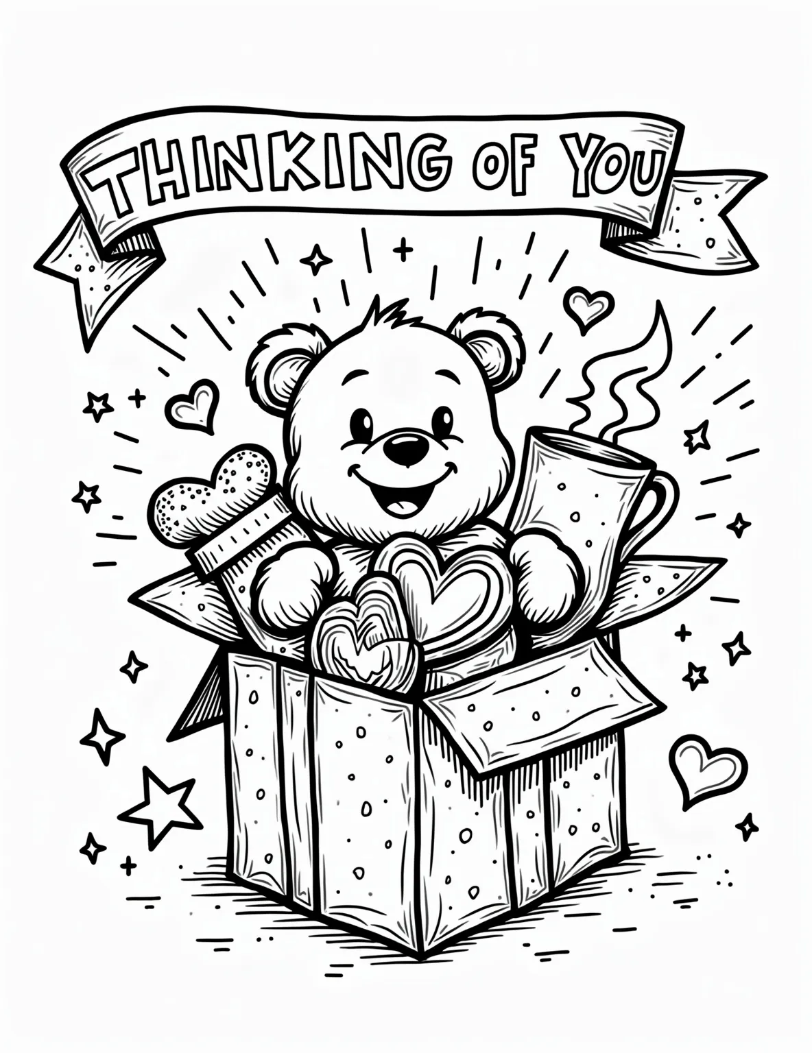 Quarantine Care Package -- prompt: "black lines only Cheerful care package bursting with goodies: fluffy teddy bear, heart-shaped chocolates, cozy socks, and steaming mug. Bold outlines frame each item. Curvy 'Thinking of You' banner unfurls across top. Playful doodles of stars and swirls fill empty spaces. Coloring book style with flat black lines, premium coloring page, coloring sheet, line drawing, Coloring Book, NO COLOR, NO SHADING, WHITE BACKGROUND. NO GRAY, BLACK AND WHITE, NO COLOR" -- This thoughtful coloring page showcases a modern care package. The open box is filled with comforting items like books, snacks, hand sanitizer, and a cozy blanket. A handwritten 'Thinking of You' note sits on top, symbolizing connection during difficult times.