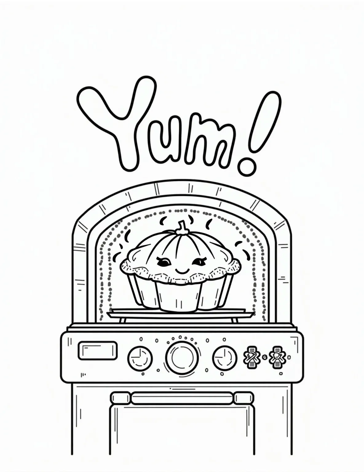 A pumpkin pie being baked with steam spelling out “Yum!”