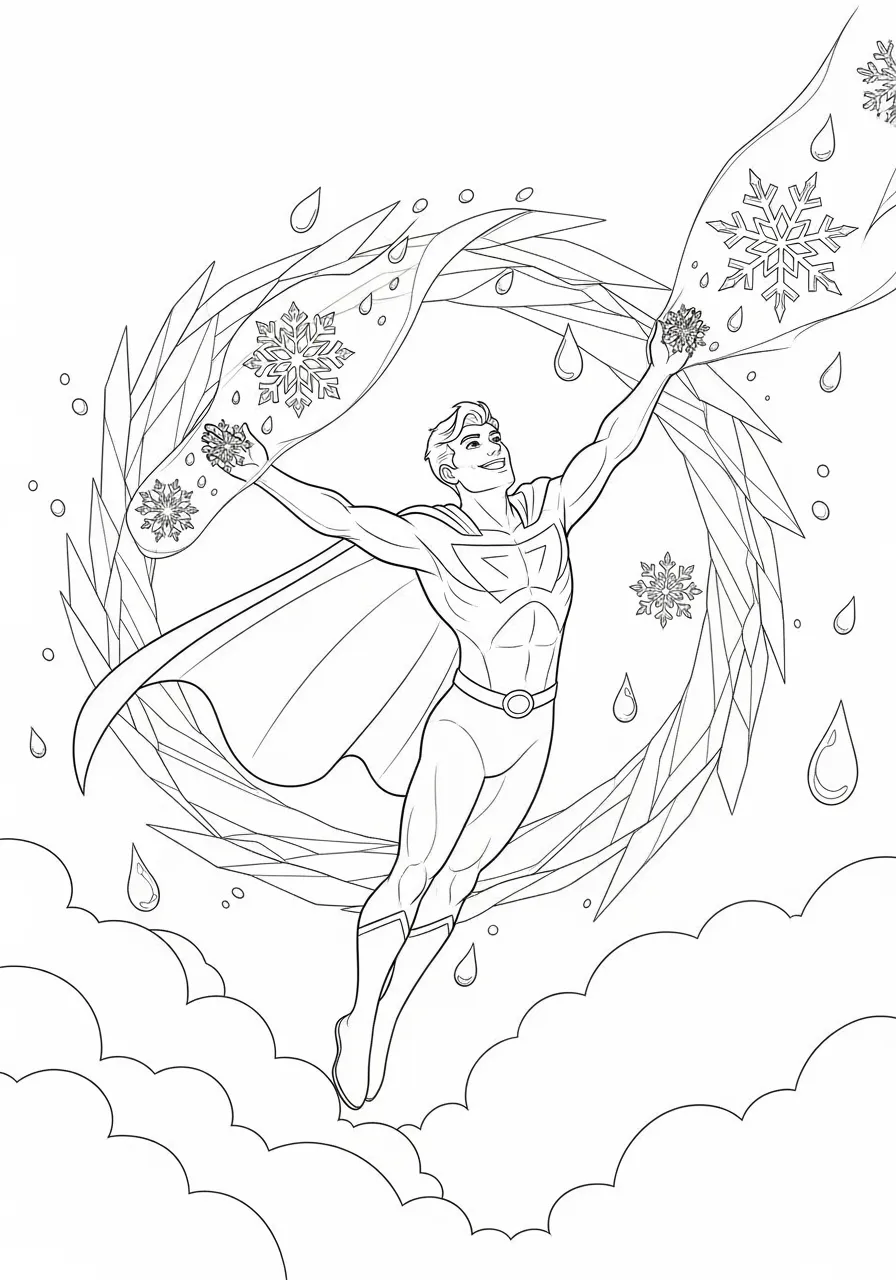 Ice Hero Freezing Water Mid-Air Coloring Page -- prompt: "black lines only Fun coloring book page featuring cheerful superhero with cape floating mid-air, arms outstretched creating magical swirling ice crystals from water droplets, bold black outlines, simple geometric snowflake patterns, smiling expression, dynamic pose, child-friendly cartoon style flat black lines, premium coloring page, coloring sheet, line drawing, Coloring Book, NO COLOR, NO SHADING, WHITE BACKGROUND. NO GRAY, BLACK AND WHITE, NO COLOR" -- A cool superhero demonstrates their ice powers by freezing water droplets in mid-air, creating beautiful crystalline formations. Icicles and frost patterns surround the hero, who maintains perfect control over their freezing abilities. The intricate ice details offer wonderful opportunities for experimenting with blues, whites, and silver tones.