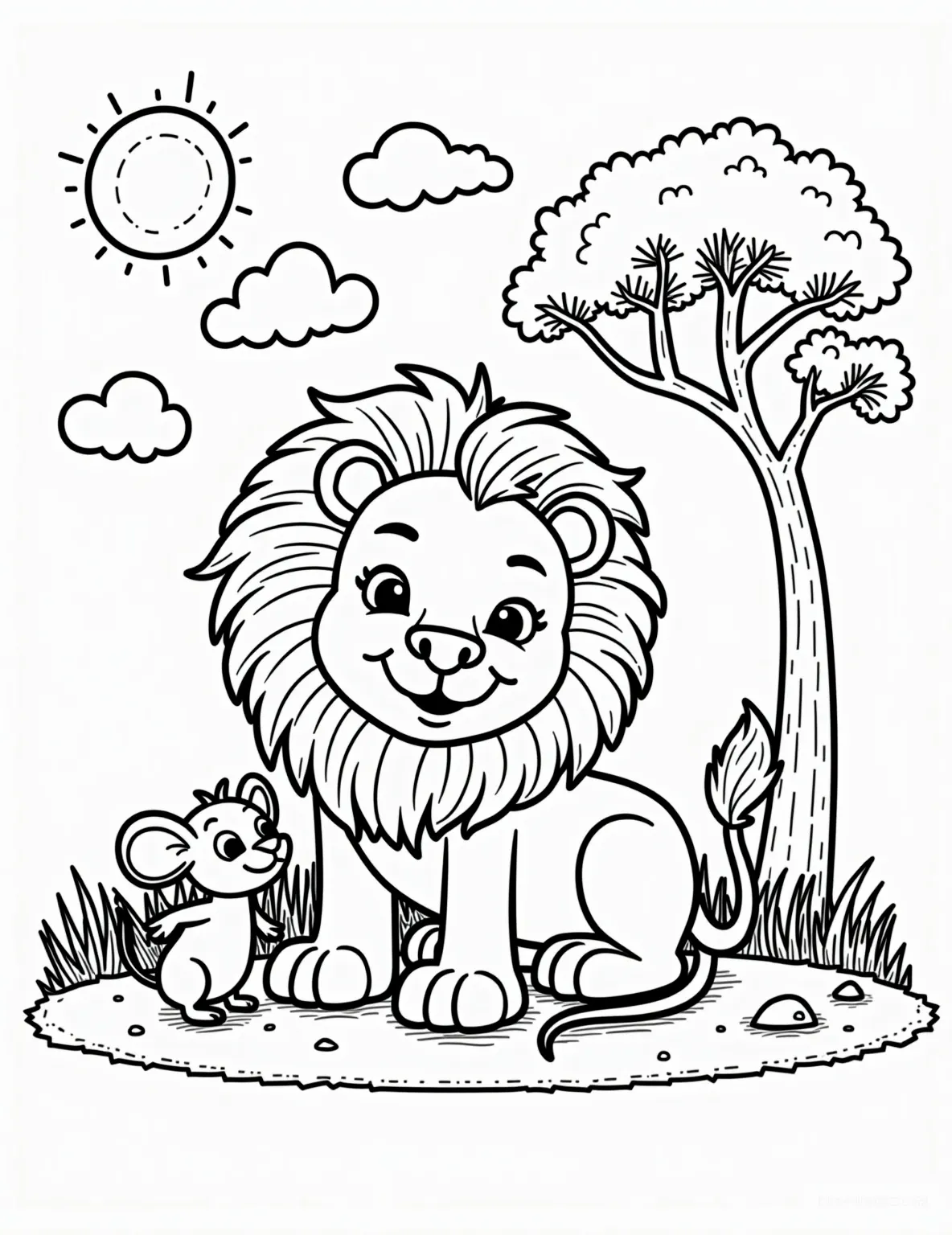 Lion and the Mouse -- prompt: "black lines only Playful savanna scene: towering lion with exaggerated mane, oversized paws, gazing curiously at tiny mouse with big ears. Bold outlines, simple shapes. Acacia tree, grinning sun, puffy clouds. Grass tufts, pebbles. Perfect for coloring, sparking imagination in children. flat black lines, premium coloring page, coloring sheet, line drawing, Coloring Book, NO COLOR, NO SHADING, WHITE BACKGROUND. NO GRAY, BLACK AND WHITE, NO COLOR" -- Inspired by Aesop's fable, this coloring page shows a mighty lion looking curiously at a tiny mouse. The contrast in size between the two animals is striking, and their interaction is full of potential stories. The savanna setting includes grass and a few small rocks.