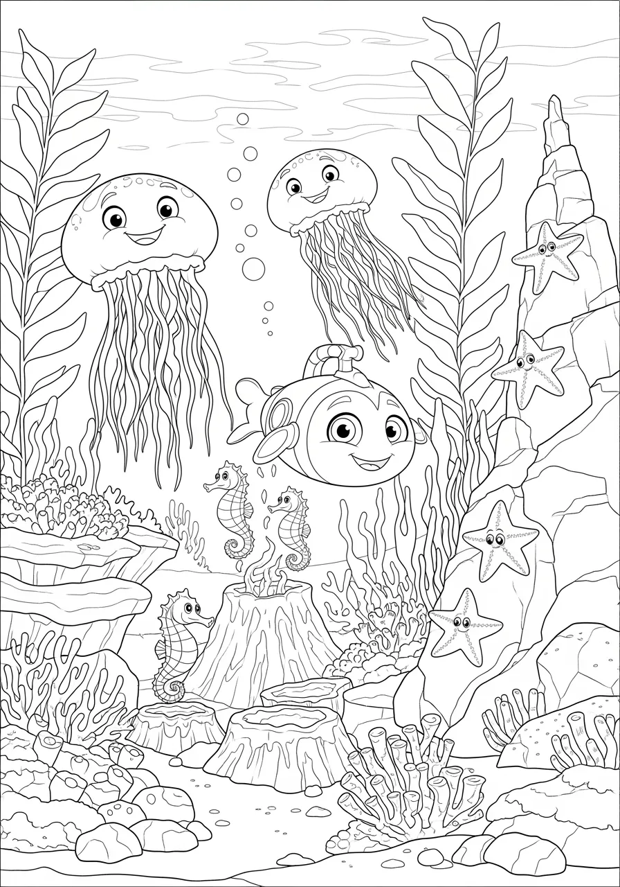 Zuma's Submarine Deep Sea Exploration Coloring Page -- prompt: "black lines only Zuma piloting submarine through deep ocean coloring page, bold black outlines, simple shapes, friendly bioluminescent jellyfish and seahorses, cartoon-style underwater volcanoes with bubbles, coral formations, starfish scattered around, cheerful adventure scene perfect for children's coloring books flat black lines, premium coloring page, coloring sheet, line drawing, Coloring Book, NO COLOR, NO SHADING, WHITE BACKGROUND. NO GRAY, BLACK AND WHITE, NO COLOR" -- Dive into the mysterious depths of the ocean with Zuma in his advanced submarine vessel! This underwater adventure coloring page showcases Zuma exploring the deep sea, encountering bioluminescent creatures and underwater volcanic formations. The complex aquatic environment provides an exciting challenge for detailed coloring work.
