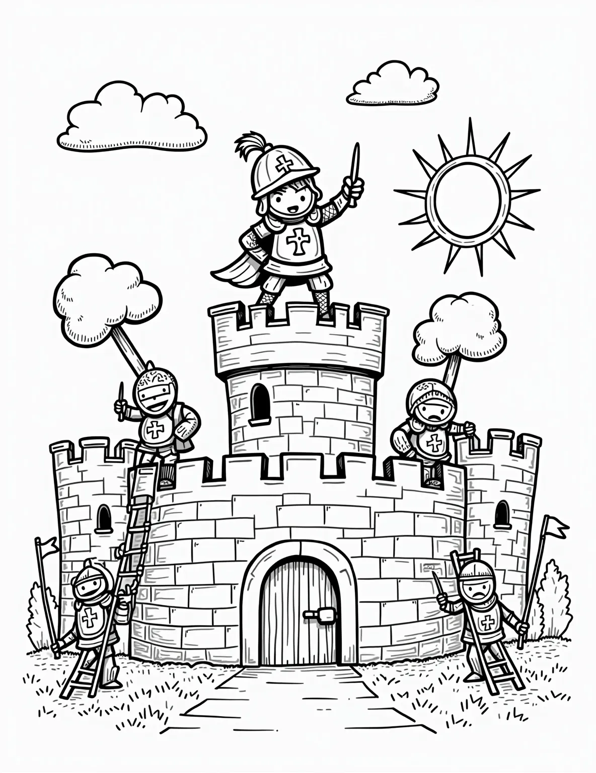 Medieval Knight's Castle Siege Coloring Page -- prompt: "black lines only Coloring page: Brave boy knight with oversized helmet, standing atop castle walls. Comically large catapults launch fluffy pillows. Goofy enemy soldiers with exaggerated expressions climb ladders. Smiling sun and clouds watch. Castle adorned with quirky flags and banners. Simplified outlines, bold patterns flat black lines, premium coloring page, coloring sheet, line drawing, Coloring Book, NO COLOR, NO SHADING, WHITE BACKGROUND. NO GRAY, BLACK AND WHITE, NO COLOR" -- Travel back to the age of chivalry with this exciting medieval knight's castle siege coloring page. It features a brave young knight defending a castle against invading forces. This page is ideal for boys who love historical adventures and imagining themselves as valiant heroes.