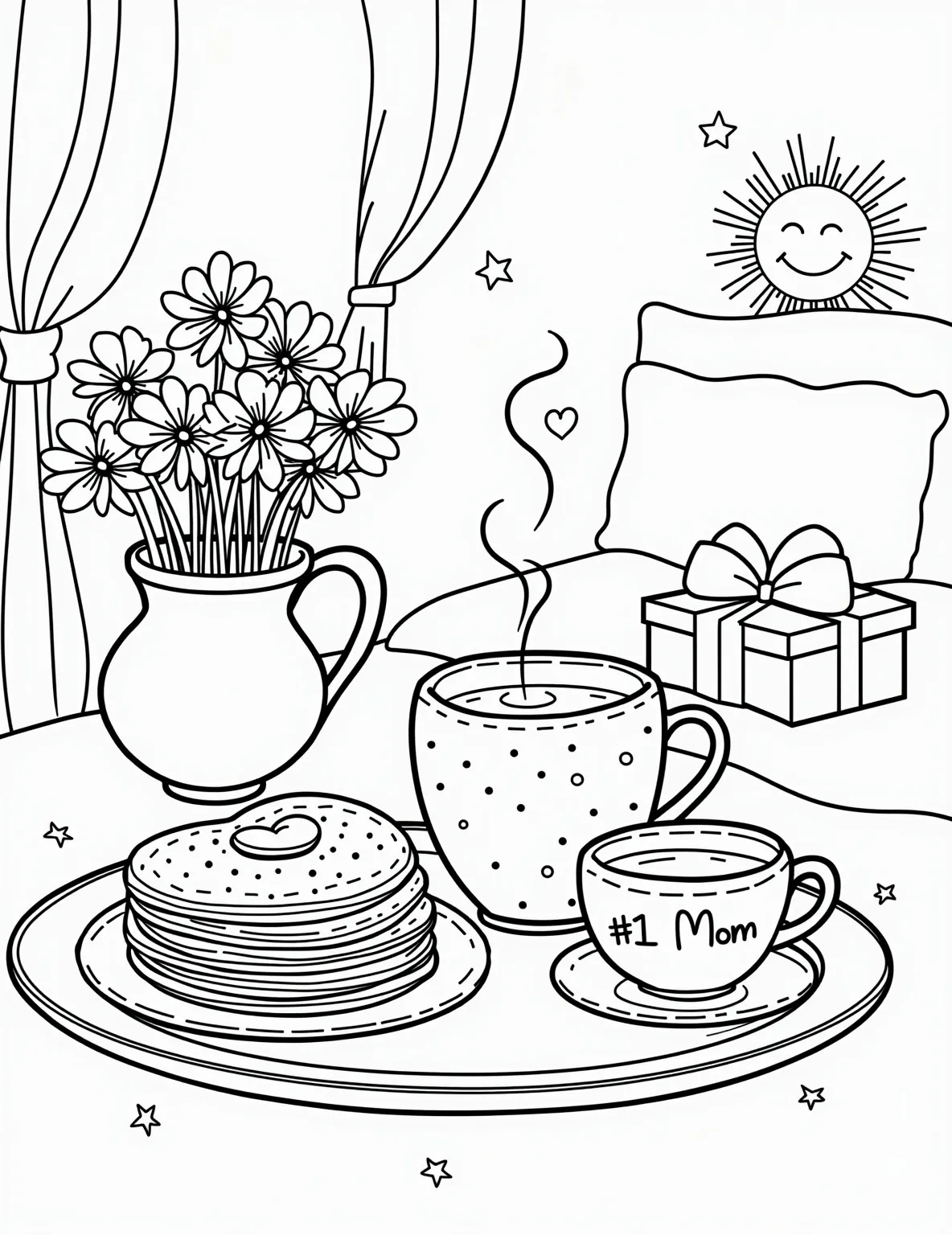 Mother's Day Breakfast Tray Surprise -- prompt: "black lines only Cheerful Mother's Day breakfast tray on bed: bold outlines, simple shapes. Heart-shaped pancakes, steaming coffee mug, daisies in vase. Wrapped gift box with bow. Playful sun peeking through window. Fluffy pillows, cozy blanket. Empty spaces await colorful filling. flat black lines, premium coloring page, coloring sheet, line drawing, Coloring Book, NO COLOR, NO SHADING, WHITE BACKGROUND. NO GRAY, BLACK AND WHITE, NO COLOR" -- Celebrate Mom with this heartwarming coloring page. A breakfast tray laden with pancakes, juice, and flowers also includes a small wrapped gift. The scene is set on a cozy bed, with 'Happy Mother's Day' written in flowing script above.