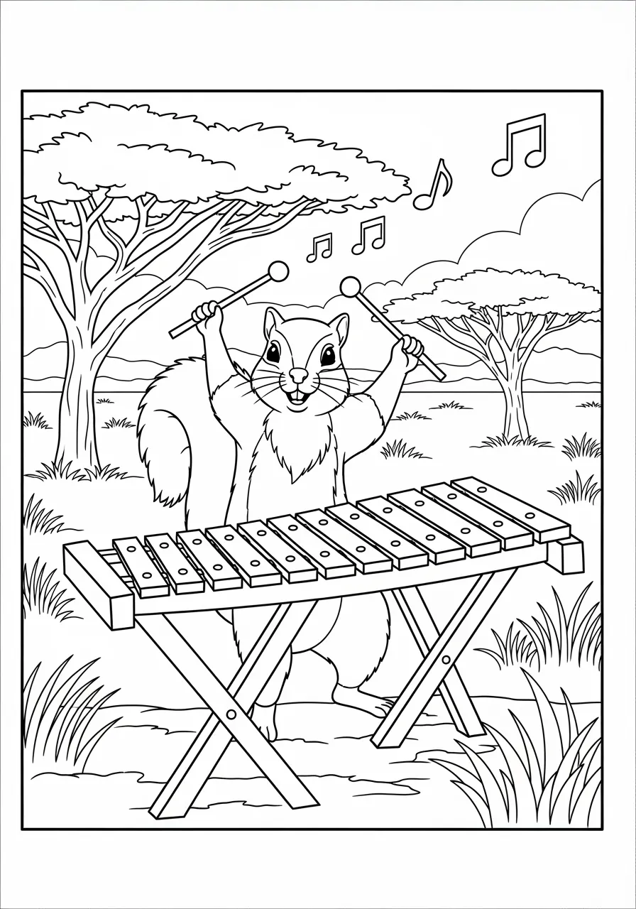 Xerus Squirrel's Xylophone Concert Coloring Page -- prompt: "black lines only Cheerful African xerus squirrel with X-shaped legs playing wooden xylophone, bold black outlines, simple shapes perfect for coloring, surrounded by tall acacia trees and flowing savanna grass, joyful musical scene with clear boundaries flat black lines, premium coloring page, coloring sheet, line drawing, Coloring Book, NO COLOR, NO SHADING, WHITE BACKGROUND. NO GRAY, BLACK AND WHITE, NO COLOR" -- Discover an unusual animal with this educational 'X' coloring page featuring a xerus playing xylophone! This African ground squirrel strikes mallets on a colorful xylophone with X-shaped legs in a savanna setting. This unique page introduces children to both an uncommon animal and musical instrument while reinforcing the challenging letter X.