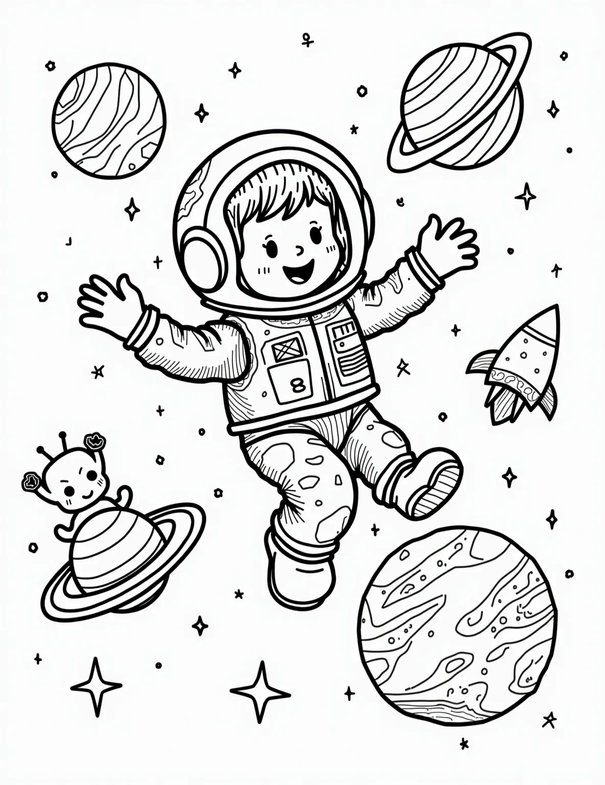 Astronaut Girl's Space Exploration -- prompt: "black lines only Cheerful girl astronaut with pigtails, floating amidst oversized planets and twinkling stars. Spacesuit adorned with patches and doodles. Simple, bold outlines perfect for coloring. Swirling galaxy background. Cute alien peeking from behind Saturn. Moon shaped like cheese wedge. flat black lines, premium coloring page, coloring sheet, line drawing, Coloring Book, NO COLOR, NO SHADING, WHITE BACKGROUND. NO GRAY, BLACK AND WHITE, NO COLOR" -- Reach for the stars with this cosmic astronaut girl coloring page. Our young space explorer is shown floating in zero gravity, with planets and stars surrounding her. Her detailed spacesuit offers plenty of intricate areas to color.