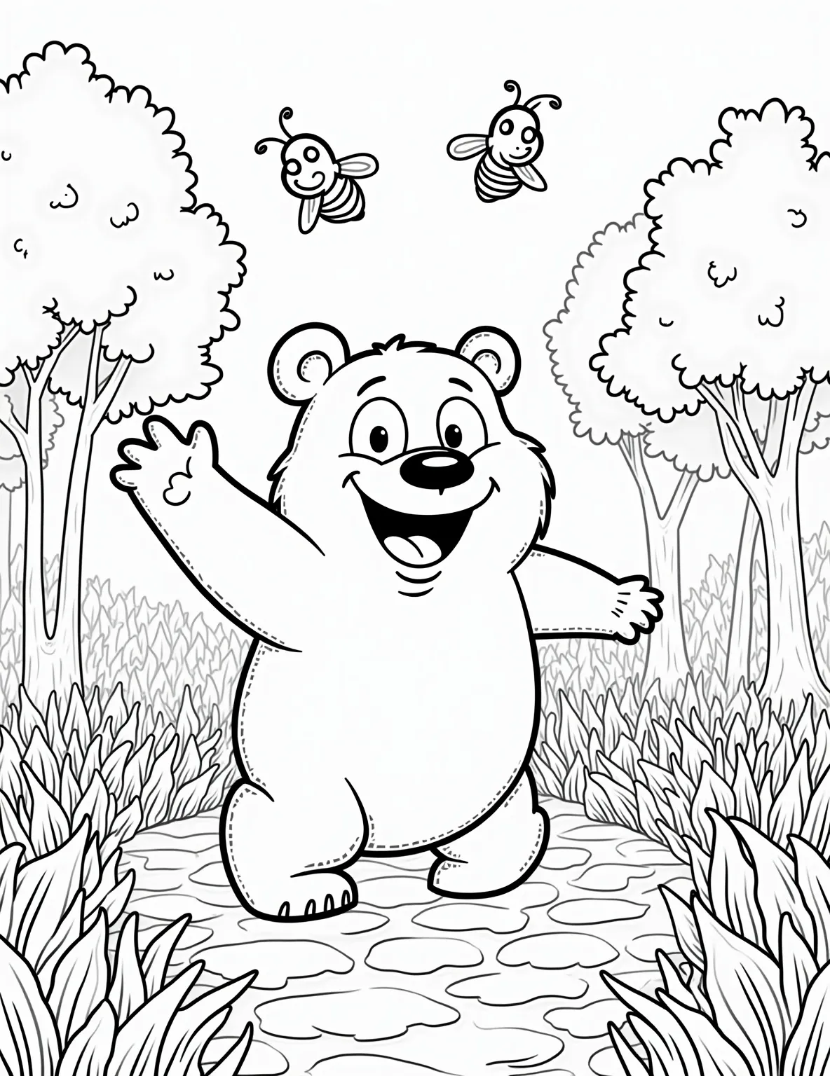 Bear's Beehive Bonanza -- prompt: "black lines only Playful coloring page: Bumbling bear, dripping honey, wide-eyed surprise. Buzzing bees swirl in cartoonish spirals. Simplified forest background with bold outlines. Honeycomb patterns on bear's fur. Exaggerated facial expressions, comical poses. Thick, clean lines perfect for coloring fun. flat black lines, premium coloring page, coloring sheet, line drawing, Coloring Book, NO COLOR, NO SHADING, WHITE BACKGROUND. NO GRAY, BLACK AND WHITE, NO COLOR" -- Get ready for some giggles with this comical coloring page. A mischievous bear, covered in honey and surrounded by angry bees, wears a surprised expression after disturbing a beehive. Set in a vibrant forest, this scene is perfect for adding bright colors and discussing the consequences of actions in a lighthearted way.