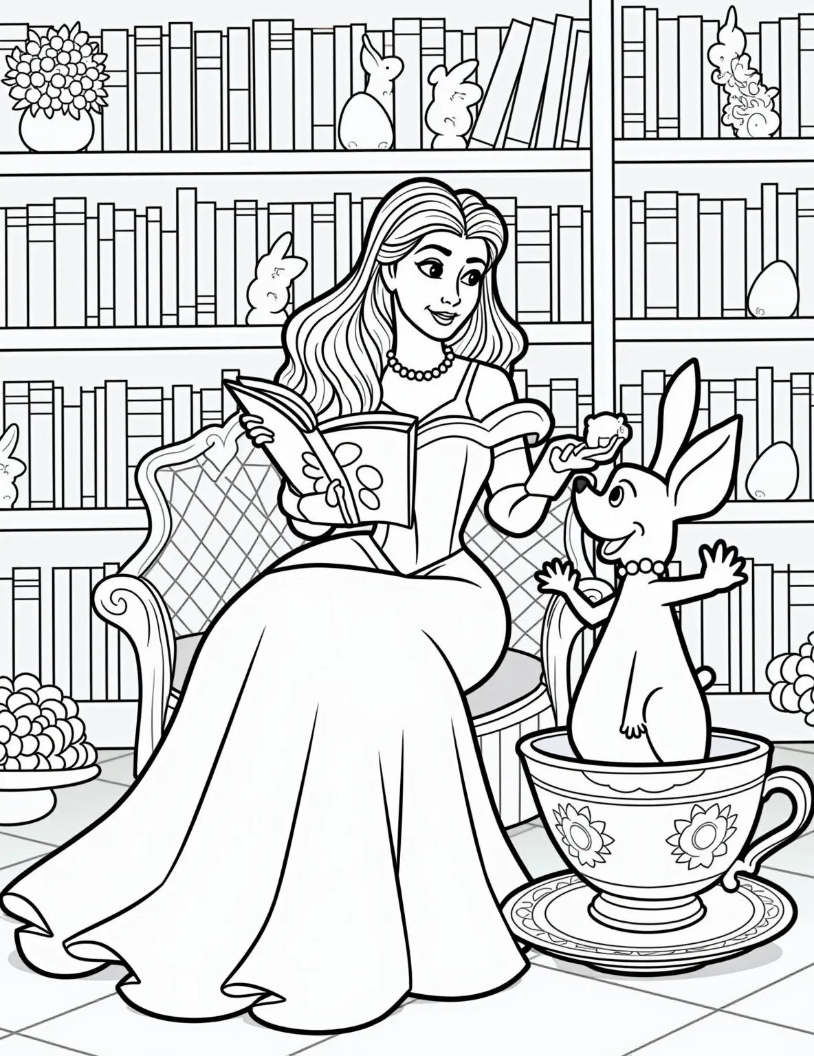 Belle's Enchanted Easter Library -- prompt: "black lines only Belle reads an Easter tale to Chip, surrounded by spring-themed books in Beast's library. Oversized outlines perfect for coloring. Blooming flowers, fluffy bunnies, and decorated eggs adorn bookshelves. Belle's dress swirls with patterns, while Chip's teacup form sparkles with Easter motifs. flat black lines, premium coloring page, coloring sheet, line drawing, Coloring Book, NO COLOR, NO SHADING, WHITE BACKGROUND. NO GRAY, BLACK AND WHITE, NO COLOR" -- Belle celebrates Easter in her own bookish way in this charming coloring page. She's in the Beast's library, where books are opened to spring scenes and Easter stories. Belle is reading to Chip, who sits in an egg-shaped teacup.