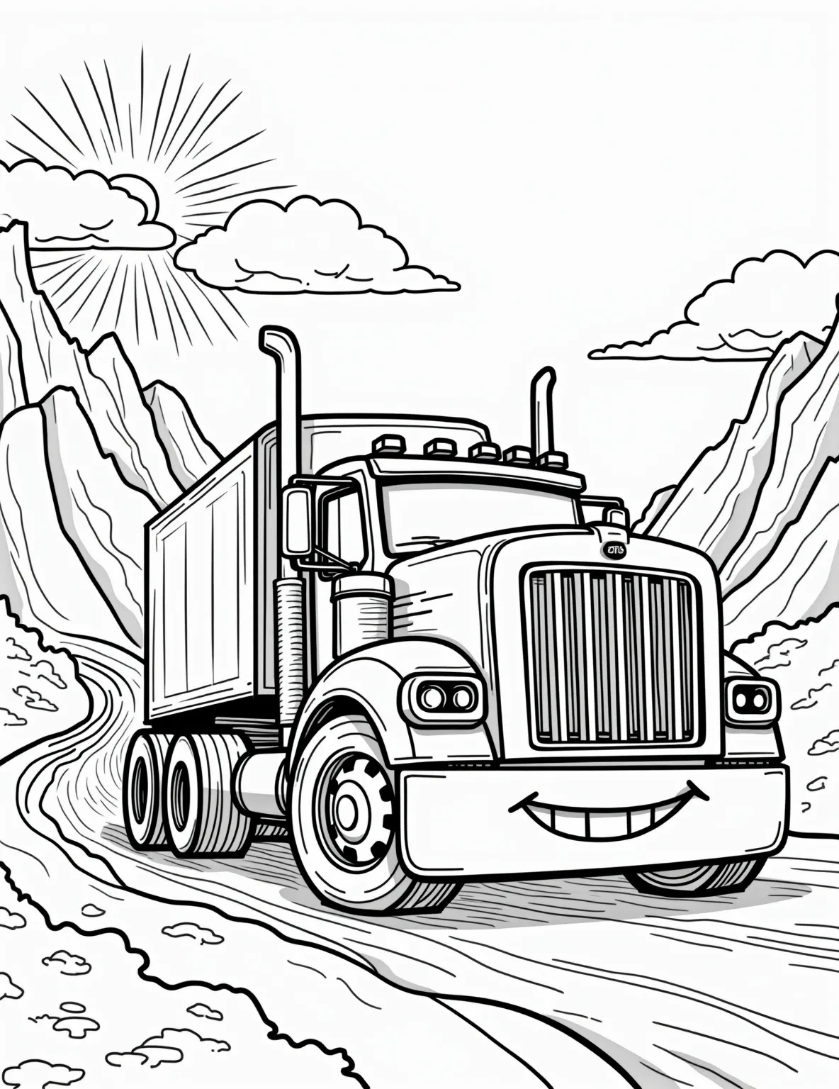 Big Rig on the Highway -- prompt: "black lines only Cheerful coloring page: Oversized semi-truck with exaggerated features, bold outlines. Curvy highway winds through stylized mountain range. Simplified sun rays burst from horizon. Playful clouds float above. Empty spaces invite creativity. Thick lines perfect for coloring. Fun, cartoon-like scene captures adventure of trucking. flat black lines, premium coloring page, coloring sheet, line drawing, Coloring Book, NO COLOR, NO SHADING, WHITE BACKGROUND. NO GRAY, BLACK AND WHITE, NO COLOR" -- Hit the open road with this Big Rig on the Highway coloring page! This impressive semi-truck is shown cruising down a scenic highway, its long trailer laden with goods. It's a fantastic option for those who dream of long-haul adventures and life on the road.