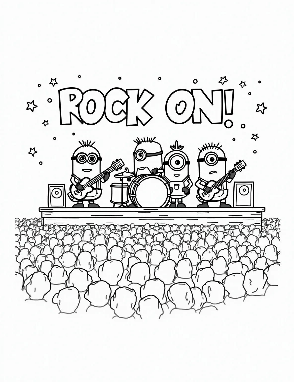 Minion Rock Band Concert -- prompt: "black lines only Adorable Minions rock band on stage, thick black outlines. Banana-shaped guitars, oversized drums, giant speakers. Excited crowd with raised arms, simple shapes. Big, bold letters spell 'ROCK ON!' Dotted patterns and stars for energy. Empty spaces await vibrant colors. flat black lines, premium coloring page, coloring sheet, line drawing, Coloring Book, NO COLOR, NO SHADING, WHITE BACKGROUND. NO GRAY, BLACK AND WHITE, NO COLOR" -- Get ready to rock with this electrifying Minion coloring page! Our yellow friends have formed a band and are performing on stage at a massive outdoor concert. This high-energy scene is great for music-loving kids and adults alike.