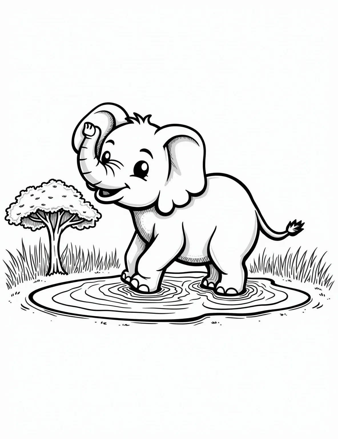 Playful Baby Elephant Coloring Page -- prompt: "black lines only Adorable baby elephant with big ears and curled trunk, joyfully splashing in a round puddle. Simple African acacia trees and grass outline the scene. Bold black outlines define shapes, leaving ample white space for coloring. Playful composition perfect for children's coloring books. flat black lines, premium coloring page, coloring sheet, line drawing, Coloring Book, NO COLOR, NO SHADING, WHITE BACKGROUND. NO GRAY, BLACK AND WHITE, NO COLOR" -- This adorable coloring page features a baby elephant having the time of its life. The little elephant is shown splashing in a puddle, its trunk raised in joy. Perfect for younger children, this page captures the innocence and playfulness of a young elephant.