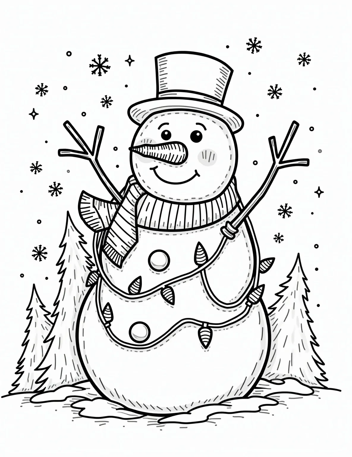 Christmas Light Decorated Snowman Coloring Page -- prompt: "black lines only Jolly snowman with carrot nose and coal eyes, wrapped in tangled Christmas lights. Oversized top hat and striped scarf. Simple, bold outlines perfect for coloring. Surrounded by snowflakes and candy canes. Background shows stylized pine trees. Cheerful winter scene flat black lines, premium coloring page, coloring sheet, line drawing, Coloring Book, NO COLOR, NO SHADING, WHITE BACKGROUND. NO GRAY, BLACK AND WHITE, NO COLOR" -- A jolly snowman takes center stage in this delightful coloring page, uniquely adorned with strings of Christmas lights. The lights wrap around the snowman's body and top hat, giving it a festive glow. This charming scene combines two beloved winter icons in one cheerful image.