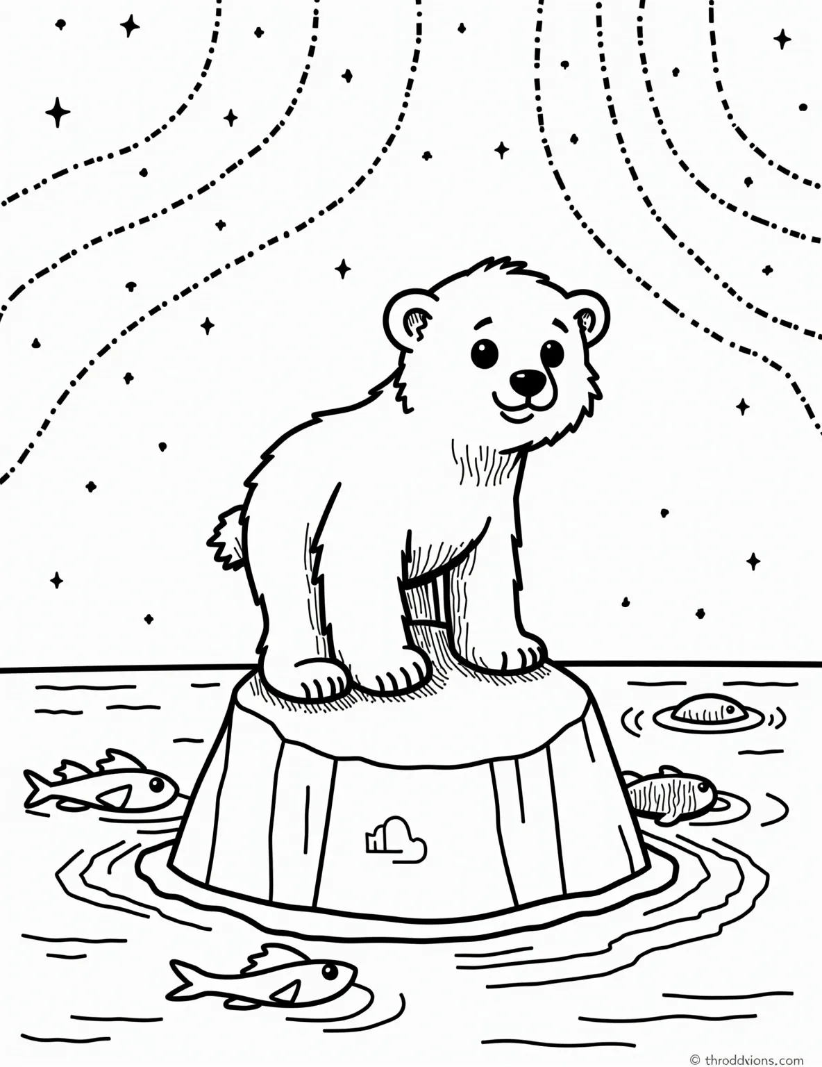 Polar Bear's Northern Lights Dance -- prompt: "black lines only Adorable polar bear cub perched on chunky ice floe, outlined in bold black strokes. Simplified Northern Lights swirl above in wavy patterns. Starry night sky filled with connect-the-dot constellations. Playful fish peeking from water. Large, empty spaces perfect for coloring. flat black lines, premium coloring page, coloring sheet, line drawing, Coloring Book, NO COLOR, NO SHADING, WHITE BACKGROUND. NO GRAY, BLACK AND WHITE, NO COLOR" -- Capture the magic of the Arctic with this enchanting coloring page. A curious polar bear cub gazes up at the swirling Northern Lights, standing on an ice floe surrounded by sparkling stars. This beautiful scene introduces children to the wonders of the polar regions and encourages discussions about natural phenomena.