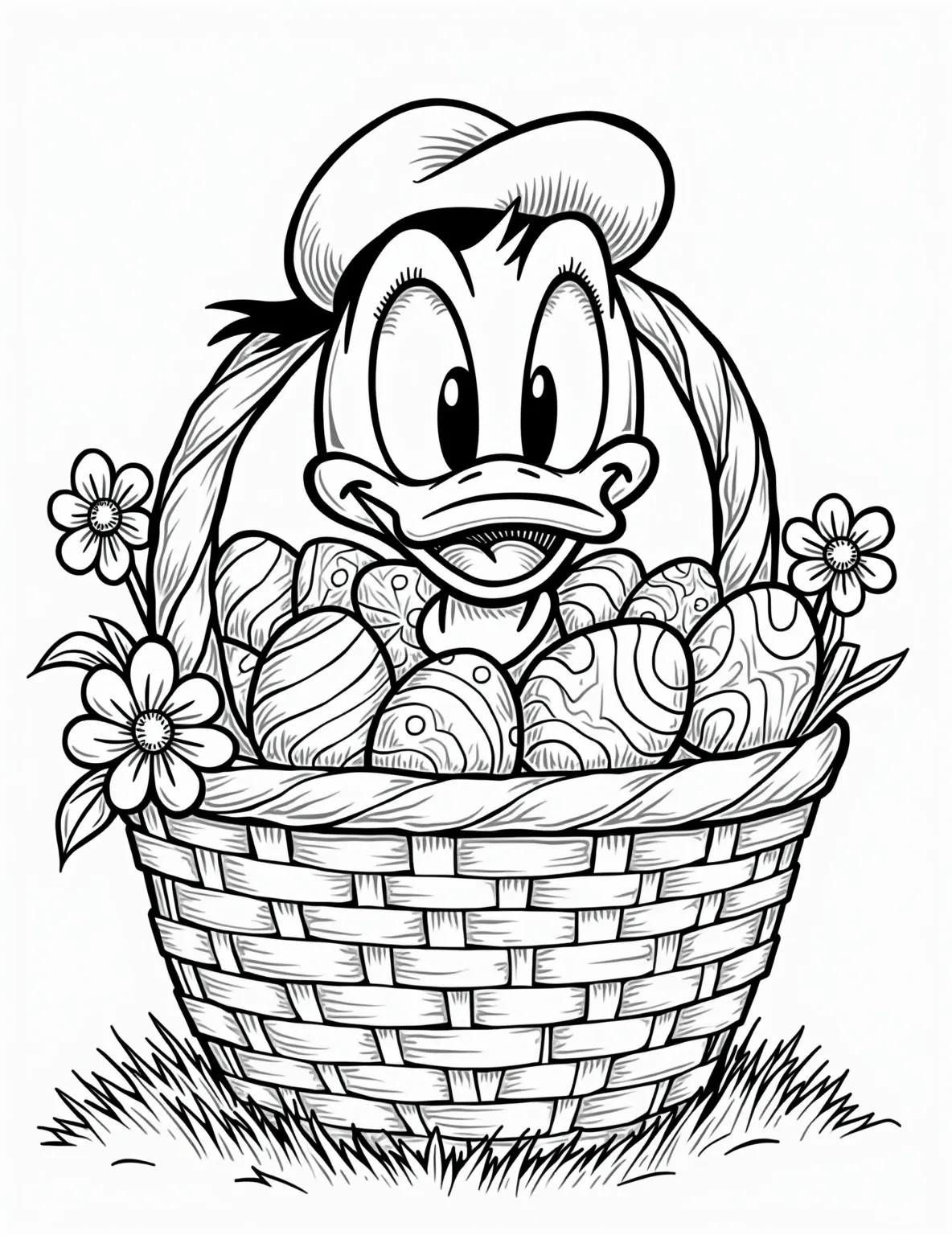 Donald Duck's Easter Basket Surprise -- prompt: "black lines only Donald Duck's wide-eyed expression pops in a bold, black-outlined coloring page. He peeks into an oversized Easter basket brimming with eggs, lollipops, and daisies. Simple, chunky shapes form a playful scene perfect for coloring. Basket weave pattern adds texture. flat black lines, premium coloring page, coloring sheet, line drawing, Coloring Book, NO COLOR, NO SHADING, WHITE BACKGROUND. NO GRAY, BLACK AND WHITE, NO COLOR" -- Donald Duck stars in this humorous Easter coloring page. He's peeking into an oversized Easter basket, looking surprised at what he finds inside. The basket is overflowing with eggs, treats, and spring flowers, creating a scene full of fun details to color.