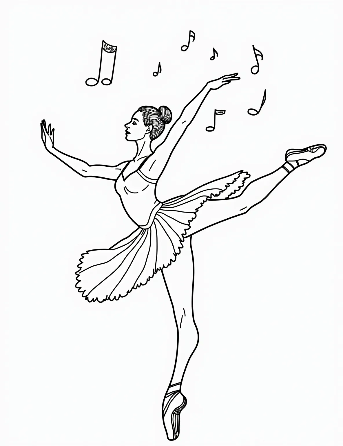 Pas de Deux Partners Coloring Page -- prompt: "black lines only Graceful ballet dancers, simplified outlines for coloring. Male figure supporting ballerina in arabesque. Bold, clean lines define tutus, tights, and pointe shoes. Flowing ribbons and stage elements create negative space. Whimsical background patterns suggest music and movement. Suitable for all ages to color and enjoy. flat black lines, premium coloring page, coloring sheet, line drawing, Coloring Book, NO COLOR, NO SHADING, WHITE BACKGROUND. NO GRAY, BLACK AND WHITE, NO COLOR" -- This romantic coloring page depicts two ballet dancers performing a pas de deux. The male dancer supports the ballerina as she extends into a beautiful pose. Their costumes complement each other, and their expressions show the emotion of the dance.