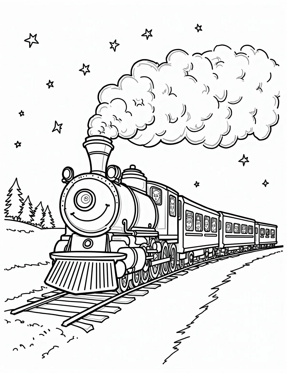 Polar Express Adventure Coloring Page -- prompt: "black lines only Polar Express train chugging through snowy night. Bold outlines define cheerful children's faces pressed against windows. Simplified snowflakes and steam swirls. Chunky train wheels and tracks. Pine trees dotting landscape. Empty spaces await colorful crayons. Magical journey captured in playful line art. flat black lines, premium coloring page, coloring sheet, line drawing, Coloring Book, NO COLOR, NO SHADING, WHITE BACKGROUND. NO GRAY, BLACK AND WHITE, NO COLOR" -- Embark on a magical journey with this Polar Express-inspired coloring page. The scene depicts the iconic train chugging through a snowy landscape, filled with excited children on their way to the North Pole. This page is ideal for fans of the beloved Christmas story and those who believe in the magic of the season.