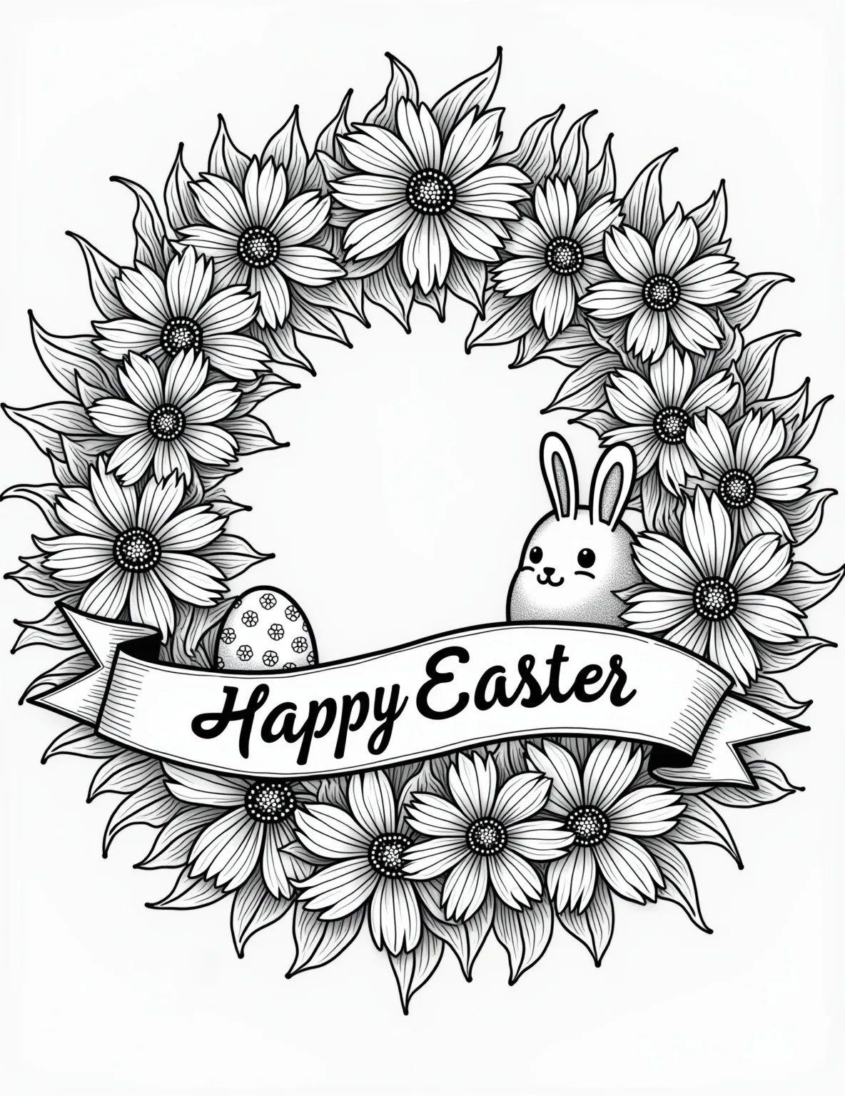 Spring Flower Easter Wreath -- prompt: "black lines only Cheerful Easter wreath outline for coloring, featuring oversized daisies, tulips, and daffodils intertwined with playful zigzag patterns. Hidden eggs nestle among leaves, while a fluffy bunny peeks out. Ribbon banner with 'Happy Easter' in bubbly letters weaves through. Bold black lines define flat black lines, premium coloring page, coloring sheet, line drawing, Coloring Book, NO COLOR, NO SHADING, WHITE BACKGROUND. NO GRAY, BLACK AND WHITE, NO COLOR" -- This beautiful coloring page features an elaborate Easter wreath made of spring flowers, decorated eggs, and Easter symbols. The circular design is perfect for practicing different coloring techniques and experimenting with a spring color palette. Ribbons and a cheerful 'Happy Easter' banner complete the festive wreath.