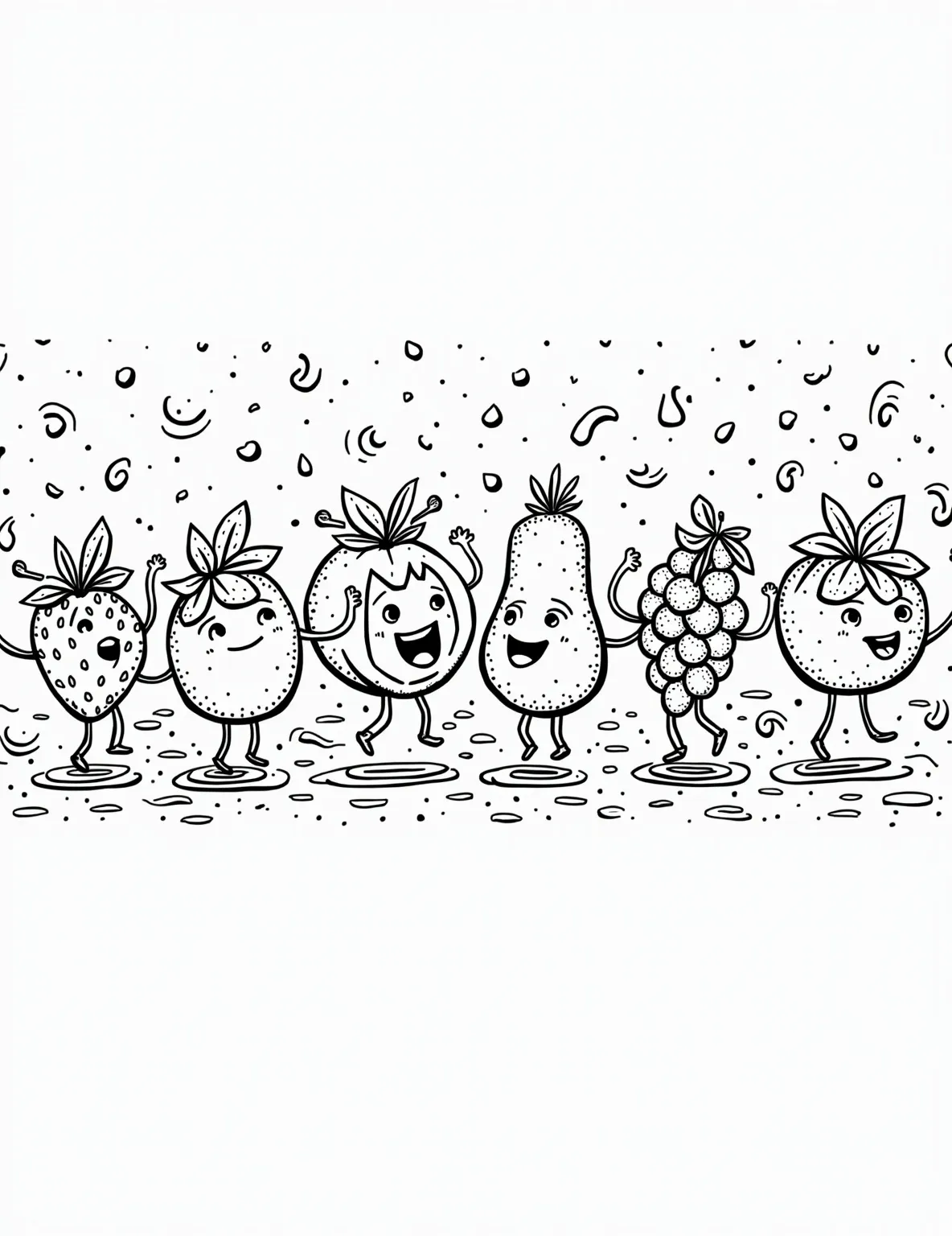 Fruit Juice Waterfall Coloring Page -- prompt: "black lines only Cascading rainbow of fruit juices: strawberry red, orange mango, lemon yellow, kiwi green, blueberry indigo, and grape purple. Chunky outlines perfect for coloring. Smiling cartoon fruits frolic around, creating a playful scene. Splashing droplets form fun shapes to fill in. flat black lines, premium coloring page, coloring sheet, line drawing, Coloring Book, NO COLOR, NO SHADING, WHITE BACKGROUND. NO GRAY, BLACK AND WHITE, NO COLOR" -- Quench your thirst for creativity with our Fruit Juice Waterfall coloring page! This fantastical scene shows a cascading waterfall of different fruit juices, surrounded by the fruits they come from. It's a vibrant and refreshing coloring adventure for fruit lovers.