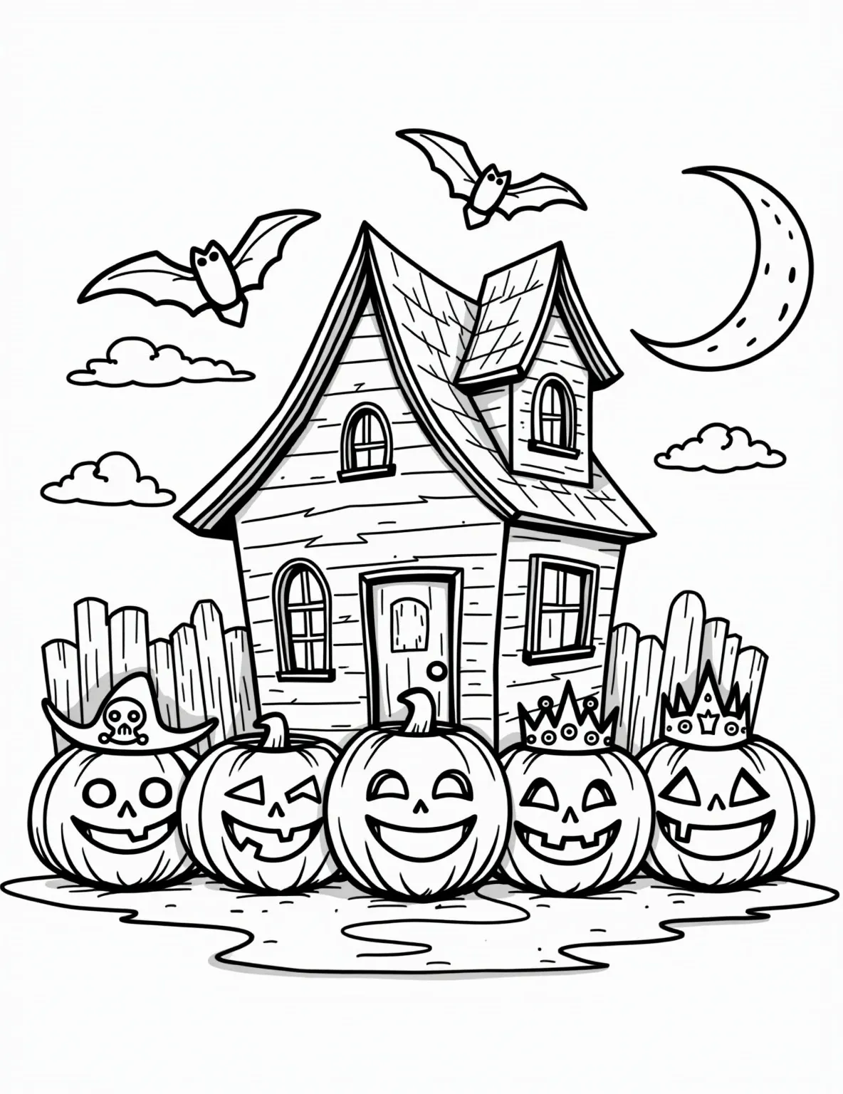 Trick-or-Treating Pumpkin Squad -- prompt: "black lines only Cheerful jack-o'-lanterns with bold outlines don whimsical costumes, from pirates to princesses. They stand before a spooky house adorned with cobwebs and bats. Simple, thick lines create a fun Halloween scene perfect for coloring. Moonlit sky adds eerie atmosphere. flat black lines, premium coloring page, coloring sheet, line drawing, Coloring Book, NO COLOR, NO SHADING, WHITE BACKGROUND. NO GRAY, BLACK AND WHITE, NO COLOR" -- This charming coloring page features a group of animated pumpkins dressed up in various Halloween costumes, going trick-or-treating. The scene captures the fun and excitement of Halloween night, with the pumpkins holding treat bags and standing in front of a spooky yet friendly-looking house. It's perfect for younger children who love the idea of Halloween but prefer less scary imagery.