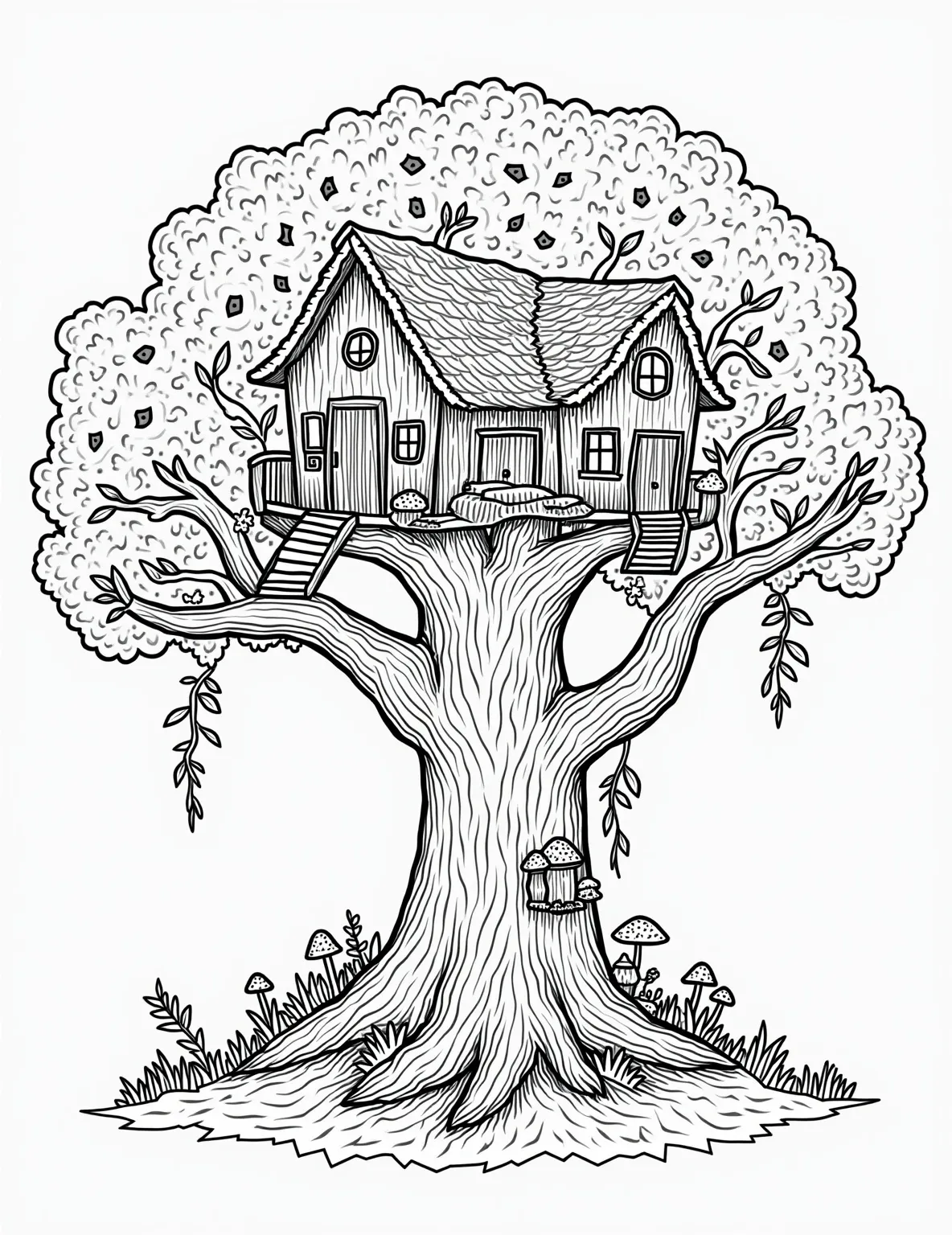 Fairy Treehouse Village Coloring Page -- prompt: "black lines only Enchanting fairy village coloring page. Giant oak tree hosts whimsical treehouses with rounded windows and thatched roofs. Delicate leaf bridges and twirling staircases connect dwellings. Mushroom caps dot branches. Fairies flit between homes. Flowers and vines frame scene. Bold outlines for easy coloring. flat black lines, premium coloring page, coloring sheet, line drawing, Coloring Book, NO COLOR, NO SHADING, WHITE BACKGROUND. NO GRAY, BLACK AND WHITE, NO COLOR" -- Explore a magical fairy community with this detailed treehouse village coloring page. Intricate treehouses connected by leaf bridges and spiral staircases create a bustling fairy neighborhood high in the branches. This complex design offers hours of coloring enjoyment for adults who love to lose themselves in fantastical worlds.