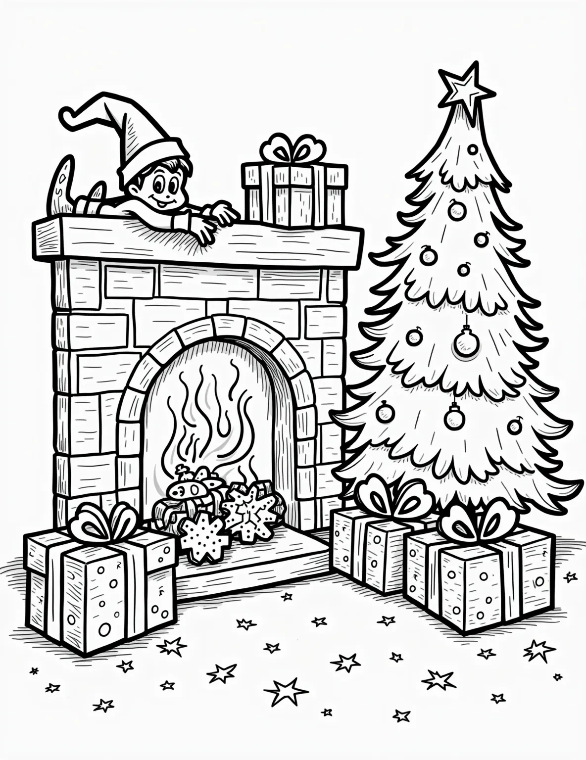 Elf's Christmas Eve Sneak Peek -- prompt: "black lines only Mischievous Elf on the Shelf peeks under gift wrap, bold outlines perfect for coloring. Chunky fireplace, stockings, and presents create a festive scene. Simple shapes and patterns adorn objects. Cheerful Christmas spirit radiates through playful, easy-to-color design. Fun holiday activity for all ages. flat black lines, premium coloring page, coloring sheet, line drawing, Coloring Book, NO COLOR, NO SHADING, WHITE BACKGROUND. NO GRAY, BLACK AND WHITE, NO COLOR" -- Shh! Our curious Elf on the Shelf is caught peeking at the presents in this secretive coloring page. The elf is shown lifting the corner of a wrapped gift, with a mix of excitement and mischief on its face. Surrounding the elf are piles of presents and a cozy fireplace scene.