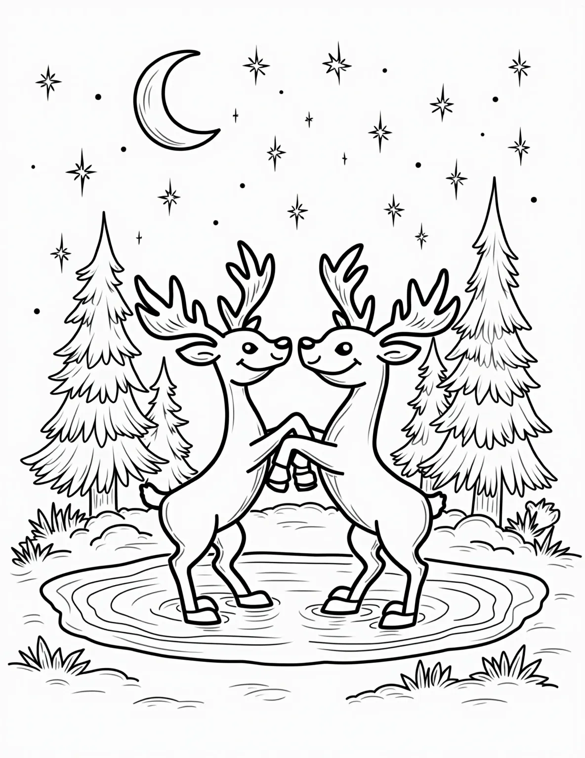 Rudolph and Clarice's Winter Waltz -- prompt: "black lines only Rudolph and Clarice glide gracefully on a moonlit frozen pond. Snowy pine trees frame the scene. Simple, bold outlines define their figures and surroundings. Large, empty spaces invite coloring. Snowflakes, stars, and ice crystals add playful details. A smiling crescent moon watches flat black lines, premium coloring page, coloring sheet, line drawing, Coloring Book, NO COLOR, NO SHADING, WHITE BACKGROUND. NO GRAY, BLACK AND WHITE, NO COLOR" -- Romance is in the air with this charming coloring page! It features Rudolph and his sweetheart Clarice enjoying a graceful dance on a frozen pond. Surrounded by snow-covered trees and twinkling stars, this scene captures a magical moment of young love.