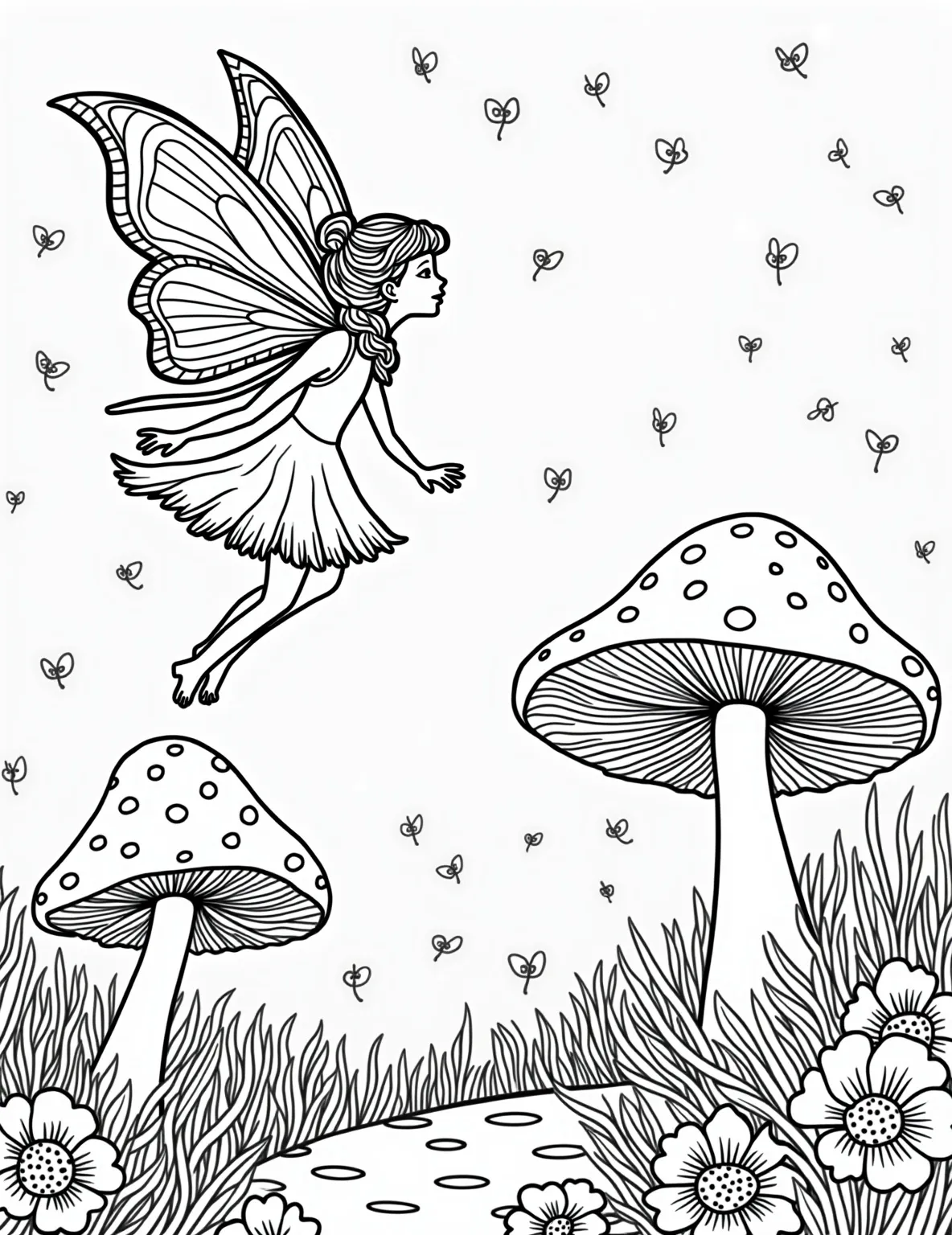 Fairy Girl's Enchanted Forest -- prompt: "black lines only Playful fairy girl with butterfly wings soars through enchanted forest. Giant polka-dot mushrooms, swirling flower petals, and twinkling fireflies fill the scene. Thick outlines define each element, creating a charming coloring book page for all ages to enjoy. Magical woodland creatures peek flat black lines, premium coloring page, coloring sheet, line drawing, Coloring Book, NO COLOR, NO SHADING, WHITE BACKGROUND. NO GRAY, BLACK AND WHITE, NO COLOR" -- Enter a magical world with this whimsical fairy girl coloring page. Our young sprite is shown fluttering among towering mushrooms and flowers, her delicate wings spread wide. Fireflies and a crescent moon add a touch of enchantment to the scene.