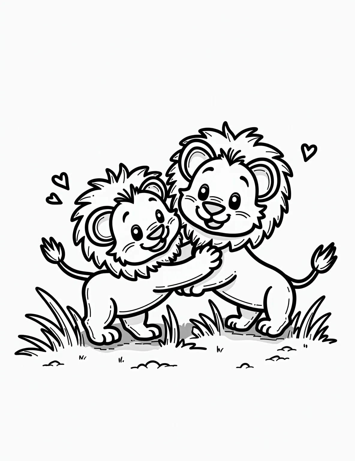 Playful Lion Cubs -- prompt: "black lines only Two adorable lion cubs with exaggerated manes and oversized paws wrestle playfully in simplified, wavy grass. Bold outlines define their forms, creating distinct shapes for easy coloring. Smiling faces and cartoon-style motion lines convey their joyful energy. Background elements include stylized flat black lines, premium coloring page, coloring sheet, line drawing, Coloring Book, NO COLOR, NO SHADING, WHITE BACKGROUND. NO GRAY, BLACK AND WHITE, NO COLOR" -- This adorable scene depicts two lion cubs engaged in playful wrestling. Their cute faces and fluffy fur are perfect for adding warm, golden tones. The background hints at their grassland habitat, with tall grasses swaying gently.