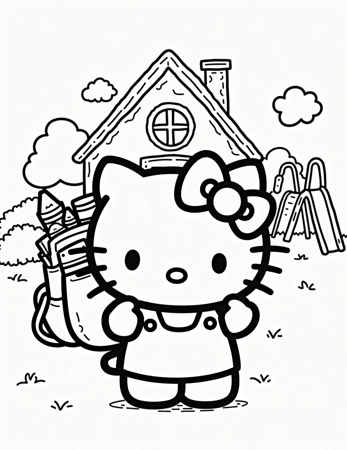 Hello Kitty's School Days -- prompt: "black lines only Hello Kitty, cheerful and eager, stands before a vibrant school building. Her backpack bursts with colorful supplies, a book clutched to her chest. Playground equipment peeks from behind, all outlined in bold black strokes. Simplistic shapes invite creative coloring, perfect for young artists. flat black lines, premium coloring page, coloring sheet, line drawing, Coloring Book, NO COLOR, NO SHADING, WHITE BACKGROUND. NO GRAY, BLACK AND WHITE, NO COLOR" -- This adorable coloring page shows Hello Kitty ready for school. She's carrying a backpack and holding a book, standing in front of a school building. There's a big apple for the teacher and some schoolyard elements like a swing set in the background. It's a great page for back-to-school season!