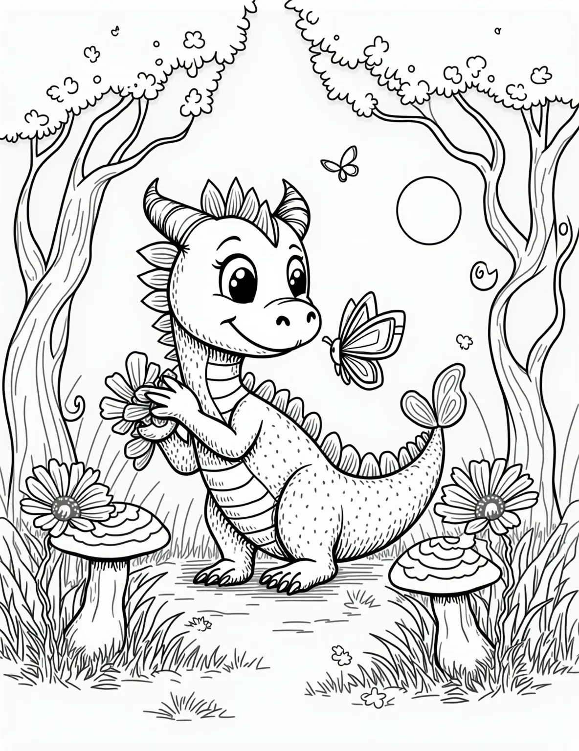 Dragon's Magical Garden -- prompt: "black lines only Dragon with playful scales and curly horns tends oversized daisies and luminous mushrooms. Swirling vines frame scene. Chunky outlines perfect for coloring. Smiling sun peeks through treetops. Butterflies dance around dragon's snout. Magical forest bursts with simple, bold shapes. flat black lines, premium coloring page, coloring sheet, line drawing, Coloring Book, NO COLOR, NO SHADING, WHITE BACKGROUND. NO GRAY, BLACK AND WHITE, NO COLOR" -- Step into a world of wonder with this enchanting coloring page featuring a dragon tending to its magical garden. The scene is filled with oversized, fantastical flowers, glowing mushrooms, and floating lanterns. This whimsical design offers a perfect blend of detailed elements and open spaces, making it suitable for colorists of all skill levels.