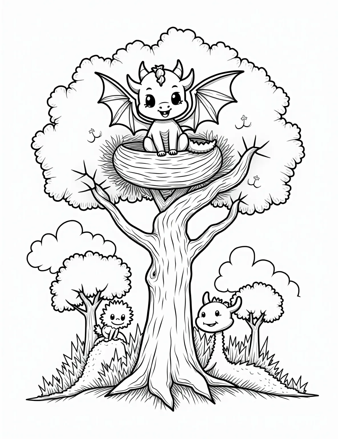 Baby Dragon's First Flight -- prompt: "black lines only Adorable baby dragon perched on tree nest, wings spread wide. Simplified outlines perfect for coloring. Parent dragons below, necks craned upward. Fluffy clouds, sun peeking through. Playful forest creatures watching. Bold, thick lines define each element. Cute expressions on all characters. flat black lines, premium coloring page, coloring sheet, line drawing, Coloring Book, NO COLOR, NO SHADING, WHITE BACKGROUND. NO GRAY, BLACK AND WHITE, NO COLOR" -- This adorable coloring page captures the heartwarming moment of a baby dragon's first attempt at flight. With its tiny wings spread wide and a determined expression, the young dragon leaps from a nest perched high in a tree. Below, proud parent dragons watch with encouraging smiles, creating a scene that's both cute and inspiring for children.