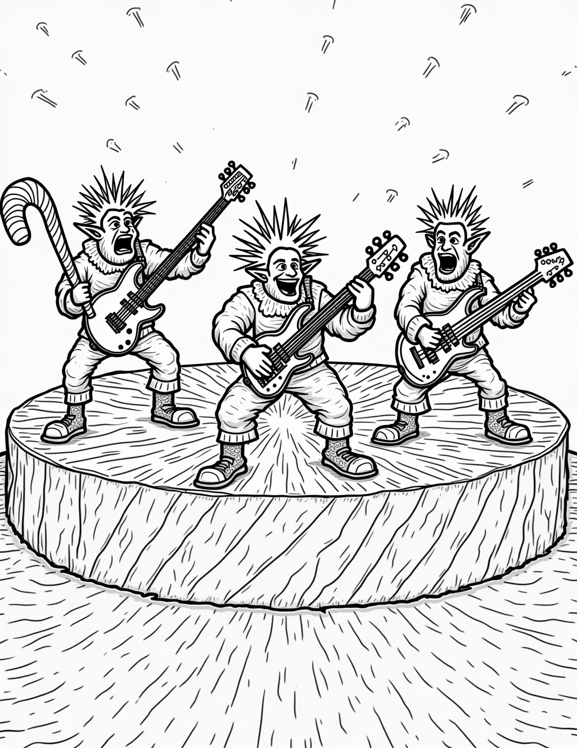 Elf Band Rock Concert Coloring Page -- prompt: "black lines only Jolly elf rockers strum candy cane guitars on a peppermint stage. Snowflake-shaped spotlights illuminate reindeer headbanging, yetis crowd-surfing, and gingerbread men moshing. Elves with spiky hair play drum kits made of wrapped presents. Santa conducts from a sleigh-shaped DJ booth. Fun coloring book style coloring page. flat black lines, premium coloring page, coloring sheet, line drawing, Coloring Book, NO COLOR, NO SHADING, WHITE BACKGROUND. NO GRAY, BLACK AND WHITE, NO COLOR" -- Rock out with the famous Elf Band at their North Pole concert! Elf musicians play candy cane guitars, peppermint drum sets, and jingle bell keyboards on a stage made of ice. The audience of elves, reindeer, and Arctic animals cheer and dance along to the music.