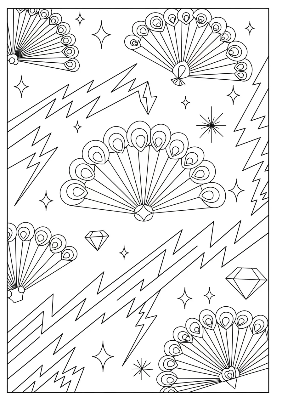 Art Deco Shapes Pattern Coloring Page -- prompt: "black lines only Playful Art Deco coloring page showcasing bold geometric trapezoids dancing alongside sparkling diamonds, elegant fan shapes radiating outward, and energetic zigzag lines creating joyful rhythm across the composition in clean black outlines ready for creative coloring adventures flat black lines, premium coloring page, coloring sheet, line drawing, Coloring Book, NO COLOR, NO SHADING, WHITE BACKGROUND. NO GRAY, BLACK AND WHITE, NO COLOR" -- Transport yourself to the glamorous 1920s with this sophisticated Art Deco inspired design. The page features elegant combinations of trapezoids, diamonds, and curved shapes in repeating patterns. This complex design is perfect for adults who enjoy detailed coloring and appreciate classic design aesthetics.