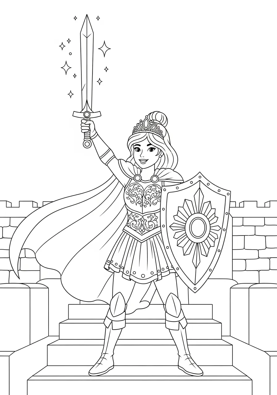 Warrior Princess Battle Ready Coloring Page -- prompt: "black lines only Bold black line art coloring page featuring brave warrior princess with flowing cape, jeweled crown, ornate breastplate armor, decorative sword raised high, emblazoned shield, confident stance on castle steps, simple clean outlines perfect for coloring flat black lines, premium coloring page, coloring sheet, line drawing, Coloring Book, NO COLOR, NO SHADING, WHITE BACKGROUND. NO GRAY, BLACK AND WHITE, NO COLOR" -- Meet a fierce warrior princess dressed in armor and ready for adventure in this empowering coloring page. Her detailed armor features intricate engravings while she holds a decorated sword and shield with confidence. This bold design appeals to older colorists who appreciate strong female characters and complex armor details.