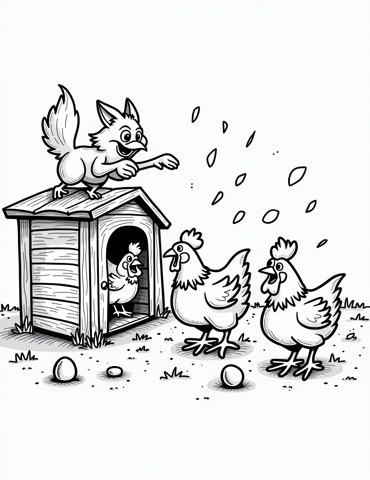 Mischievous Fox in the Chicken Coop -- prompt: "black lines only Playful line-art scene: Sly fox with bushy tail and mischievous eyes sneaks inside wooden chicken coop. Wide-eyed hens flap wings frantically, feathers flying. Eggs roll comically. Bold outlines perfect for coloring. Farmyard chaos in simple, fun shapes. Capture the amusing mayhem! flat black lines, premium coloring page, coloring sheet, line drawing, Coloring Book, NO COLOR, NO SHADING, WHITE BACKGROUND. NO GRAY, BLACK AND WHITE, NO COLOR" -- This humorous coloring page depicts a sly fox who has snuck into a chicken coop. The fox wears a mischievous grin as surprised chickens flutter about in a comical scene. It's a fun way to illustrate the classic farm yard tale with a touch of whimsy.