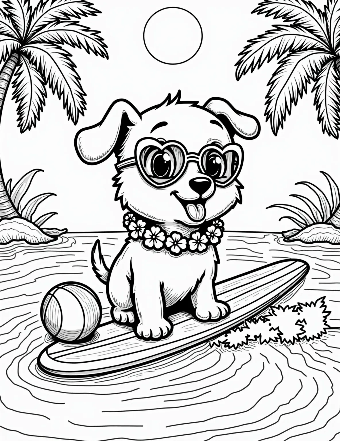 Puppy's Beach Day Fun Coloring Page -- prompt: "black lines only Playful puppy riding waves on surfboard, oversized sunglasses reflecting ocean. Palm trees sway, framing scene. Lei of bold flowers around neck. Simple, thick outlines perfect for coloring. Joyful expression, tongue out. Beach ball nearby. Cheerful sun smiling above. flat black lines, premium coloring page, coloring sheet, line drawing, Coloring Book, NO COLOR, NO SHADING, WHITE BACKGROUND. NO GRAY, BLACK AND WHITE, NO COLOR" -- Surf's up with this summery puppy coloring page! A happy pup rides a surfboard on gentle waves, wearing cool sunglasses and a lei. Palm trees, seashells, and a bright sun complete this tropical puppy paradise.