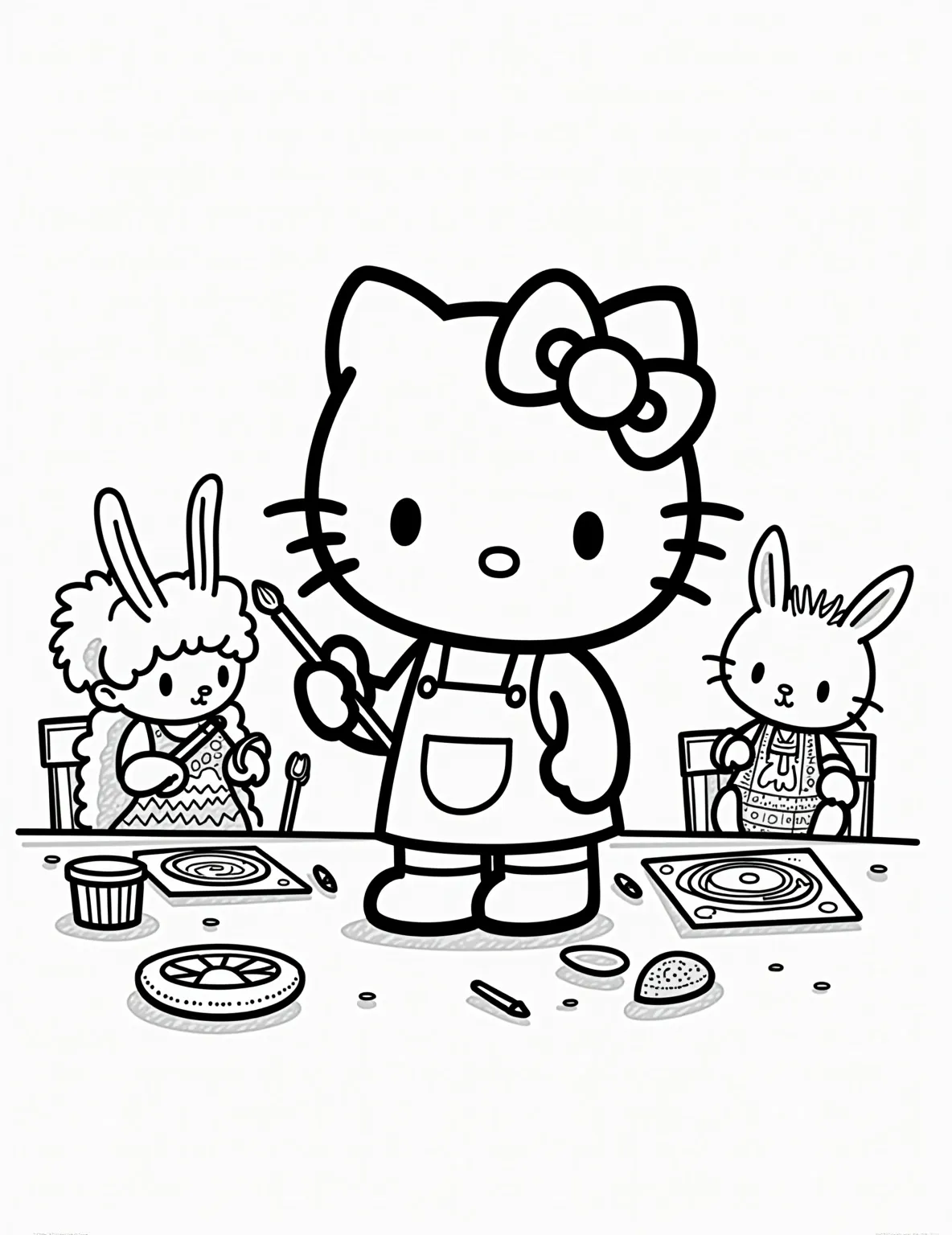 Hello Kitty's Easter Art Class -- prompt: "black lines only Hello Kitty, wearing a pastel apron, leads an Easter egg painting class. Her friends, outlined in bold black strokes, sit at art tables. Colorful egg shapes, paintbrushes, and cheerful patterns fill the page. Dotted lines guide young artists to color within flat black lines, premium coloring page, coloring sheet, line drawing, Coloring Book, NO COLOR, NO SHADING, WHITE BACKGROUND. NO GRAY, BLACK AND WHITE, NO COLOR" -- Join Hello Kitty in her Easter art class with this creative coloring page. She's teaching her friends how to paint Easter eggs using various techniques. The classroom is filled with art supplies, completed projects, and enthusiastic students.