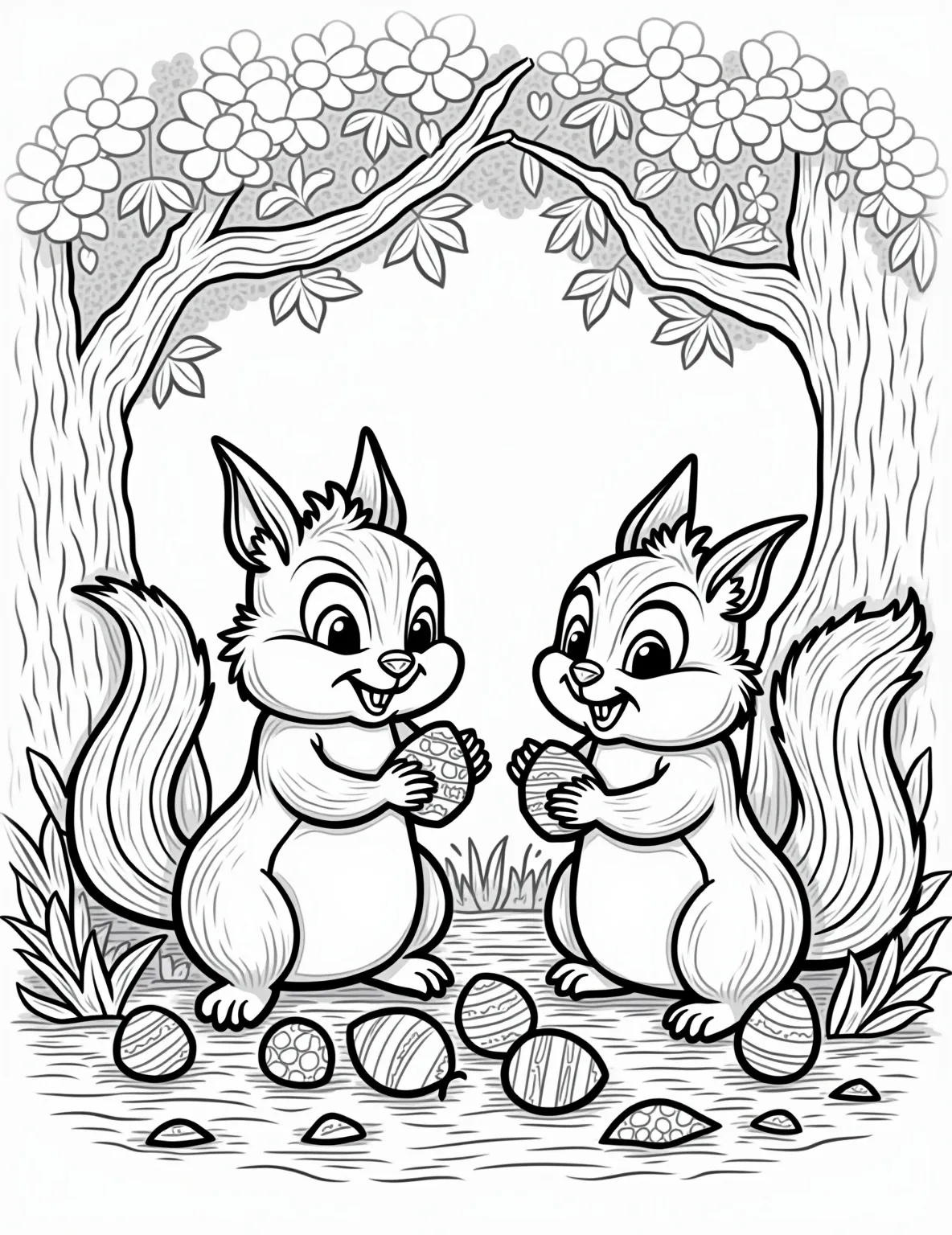 Chip and Dale's Acorn Easter Eggs -- prompt: "black lines only Chip and Dale, cartoon chipmunks, meticulously paint acorns with pastel hues in their cozy treehouse. Easter egg patterns adorn each nut. Thick outlines define characters and objects. Leaves, flowers, and woodland creatures surround the scene. Empty spaces await colorful imagination. A charming flat black lines, premium coloring page, coloring sheet, line drawing, Coloring Book, NO COLOR, NO SHADING, WHITE BACKGROUND. NO GRAY, BLACK AND WHITE, NO COLOR" -- Chip and Dale bring their nutty charm to Easter in this adorable coloring page. The chipmunk duo is busy painting acorns to look like Easter eggs. Their tree home is decorated with Easter garlands, creating a festive woodland scene.