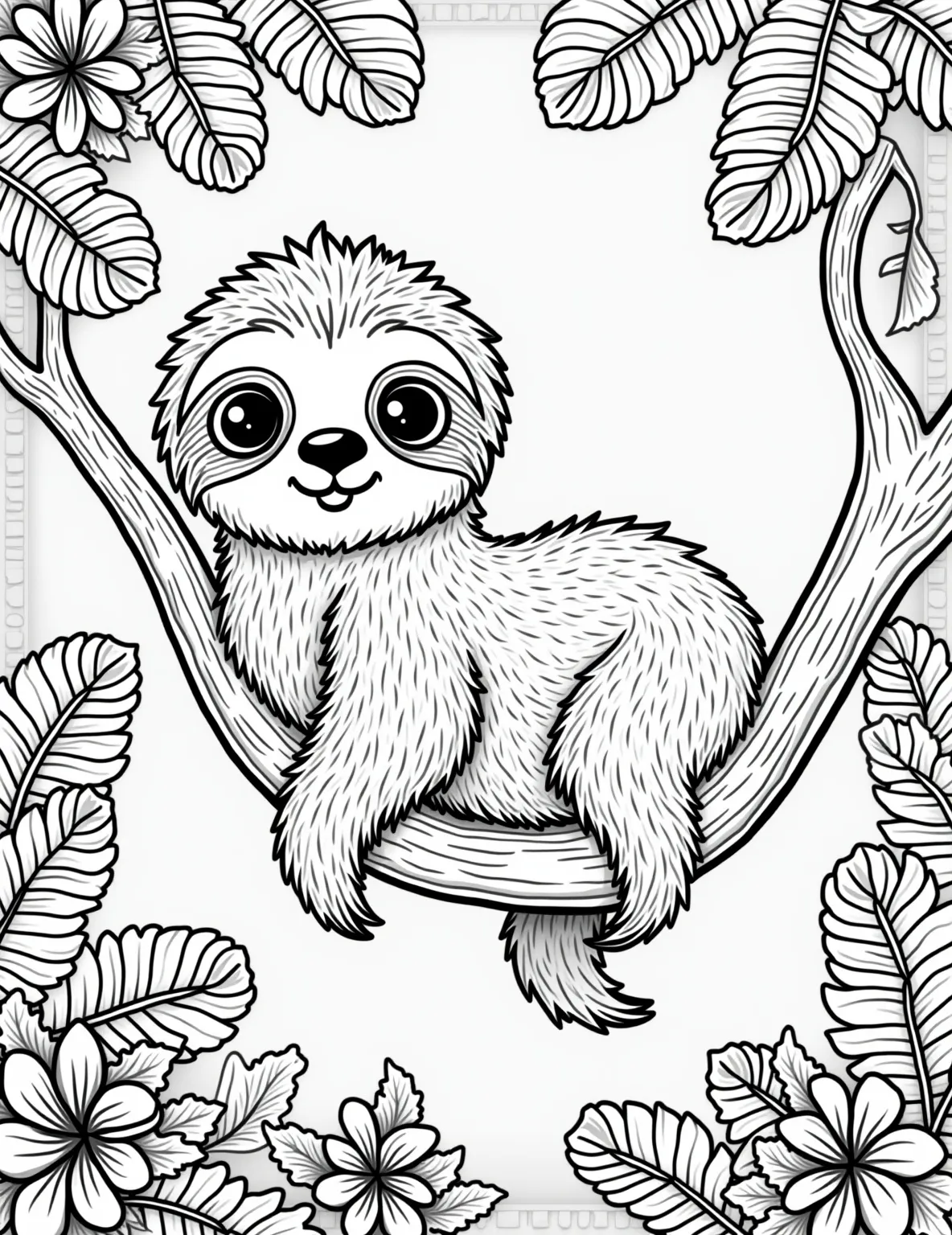 Sleepy Sloth's Rainforest Nap -- prompt: "black lines only A sleepy-eyed cartoon sloth lounges on a curvy tree branch. Tropical leaves and flowers frame the scene in bold outlines. Simple shapes and patterns fill the background, perfect for coloring. The sloth's fur has wavy lines, inviting creative coloring choices. flat black lines, premium coloring page, coloring sheet, line drawing, Coloring Book, NO COLOR, NO SHADING, WHITE BACKGROUND. NO GRAY, BLACK AND WHITE, NO COLOR" -- Immerse yourself in the tranquil world of a snoozing sloth with this charming coloring page. The sloth is shown hanging upside down from a branch, surrounded by lush tropical foliage. This page is perfect for both children and adults who appreciate the laid-back nature of these lovable creatures.