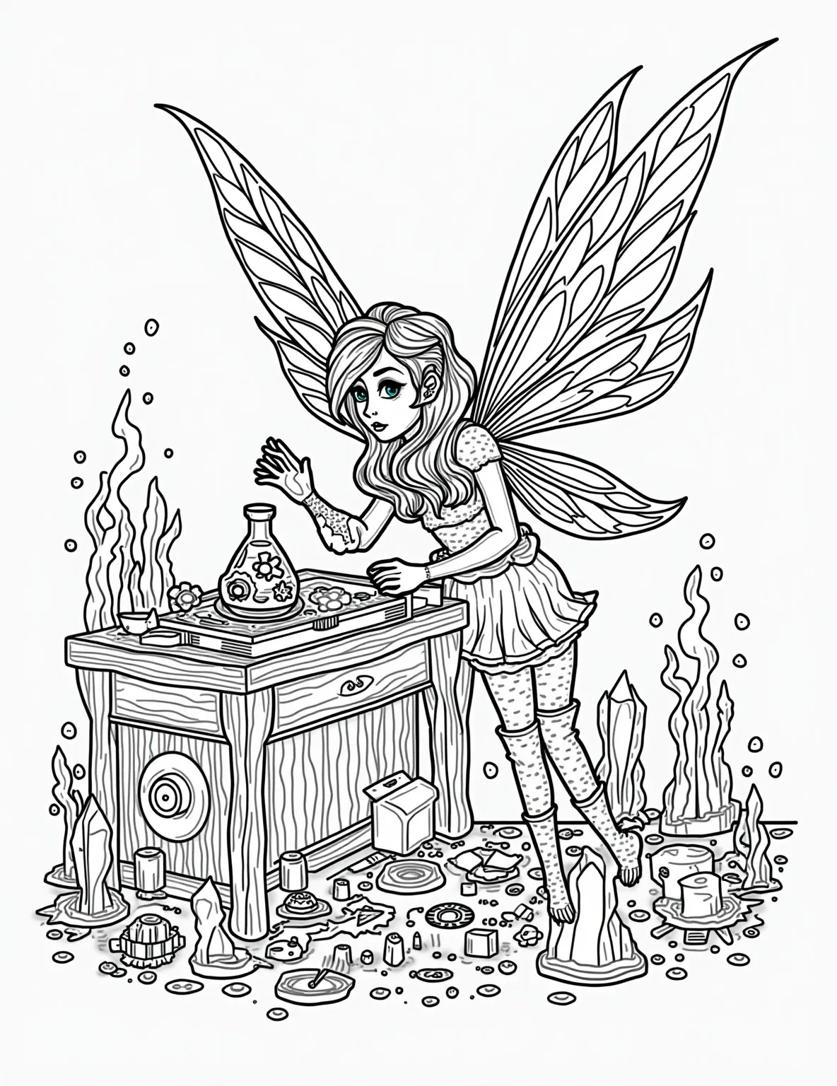 Steampunk Fairy Inventor's Workshop Coloring Page -- prompt: "black lines only Enchanting fairy mechanic, gossamer wings adorned with cogs, tinkering in whimsical workshop. Oversized gears, spiraling tubes, glowing crystals scatter playfully. Bold outlines frame delightful steampunk contraptions, magical potions, and fantastical tools. Perfect for imaginative coloring adventures. flat black lines, premium coloring page, coloring sheet, line drawing, Coloring Book, NO COLOR, NO SHADING, WHITE BACKGROUND. NO GRAY, BLACK AND WHITE, NO COLOR" -- Enter a world where magic meets mechanics in this unique steampunk fairy inventor's workshop coloring page. A clever fairy tinkers with gears, springs, and magical crystals to create wondrous inventions. This intricate design is perfect for adults who enjoy a blend of fantasy and Victorian-inspired technology.